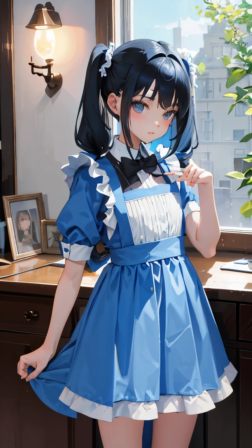 (short cute girl,small young student,young delicate girl),(masterpiece,Top quality),Light blue maid clothes,black hair twintails