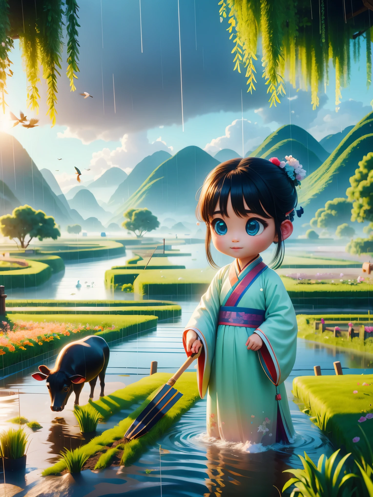 It rains during the Qingming season，A cute little Chinese boy，Dressed in light-colored Hanfu，Planting vegetables with a hoe，A black cow eats grass，From Bubble Mart。she is in the fields，River in the distance、grassland，There are mountains in the distance，Birds circling in the sky，Green onions。Characters in Disney Pixar style，watery eyes，Bright colors。Ray tracing、Octane rendering technology，wide angle view，Clay material，animated lights。3D production，Use C4D、OC rendering