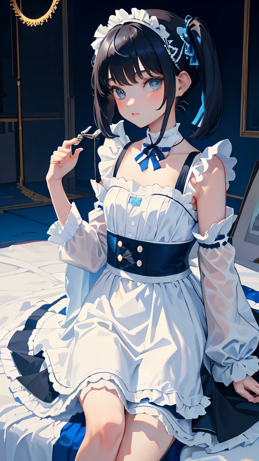 (short cute girl,small young student,young delicate girl),(masterpiece,Top quality),Light blue maid clothes,black hair twintails