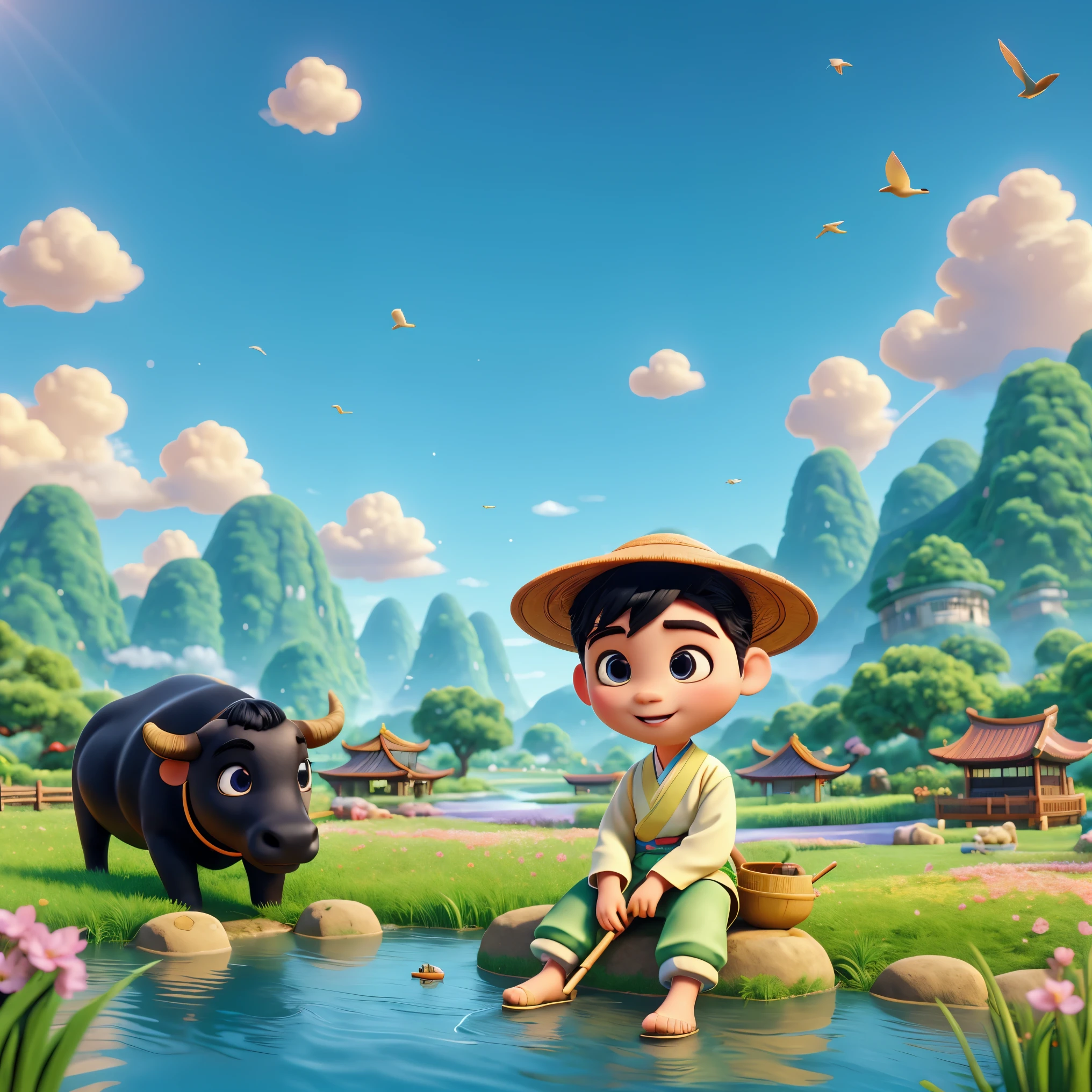 During the Qingming Festival, a gentle rain, an adorable Chinese boy in light-colored Hanfu and wearing a straw hat is sitting atop a black bull, playing a flute, reminiscent of characters from Pop Mart. They are in a field with a river, grasslands, and distant mountains, under a sky with circling birds, depicting vibrant spring life. The boy is rendered in a Disney Pixar style, with big, watery eyes and vivid colors. The scene uses ray tracing and octane rendering techniques for a wide-angle view, with clay-like textures and dynamic, animated lighting. This 3D artwork is created with C4D, OC rendering, and Blender, showcasing rich details and high quality.