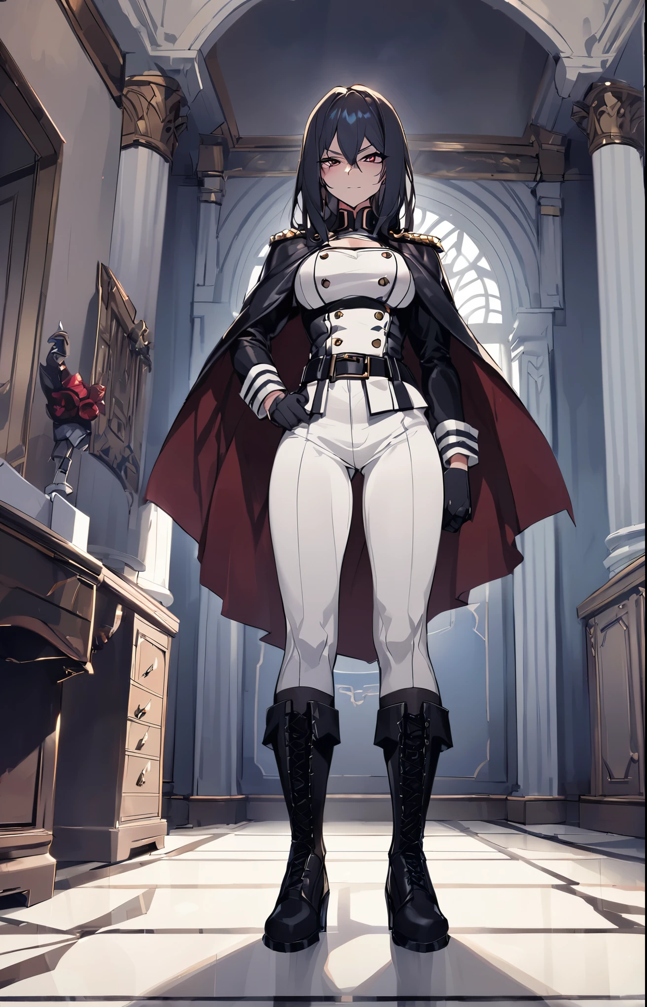 Mature female, ((solo)),(1girl),standing, full body, authority, leather outfit, dominant, (muscular:0.5), long sleeves, black gloves, double-breasted, (black knee-high combat boots:1.4), (white pants:1.2), slim, devious, seductive, evil, confident,belt, cape, standing, bedroom, military uniform, looking at viewer, from below,clean floor,guard,warden,queen,commander, (smirk:0.33),godlike, yandere,fist,marble_floor,palace room,fist,samus