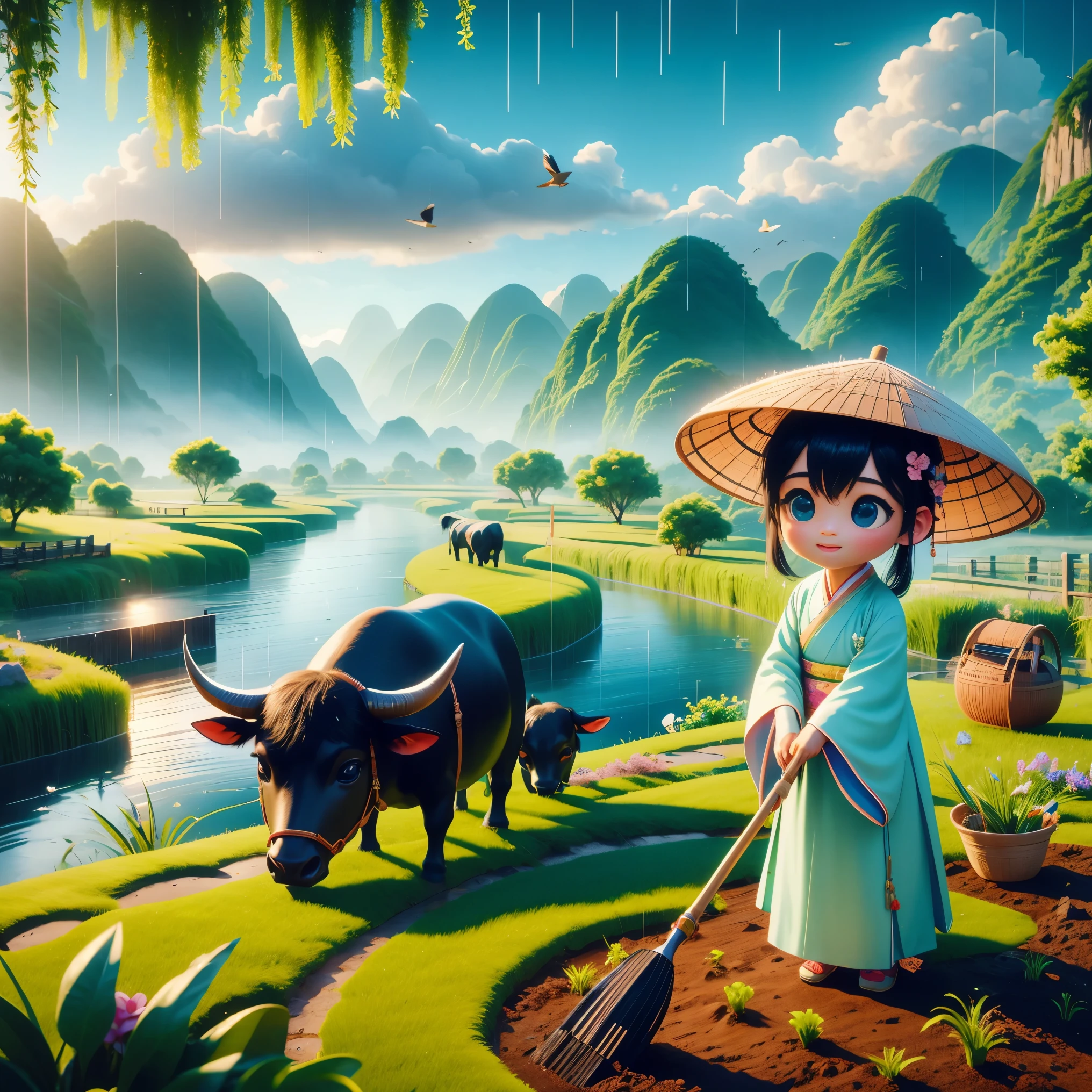 It rains during the Qingming season,A cute little Chinese boy,Dressed in light-colored Hanfu,Planting vegetables with a hoe,A black cow eats grass,From Bubble Mart。she is in the fields,River in the distance、grassland,There are mountains in the distance,Birds circling in the sky,Green onions。Characters in Disney Pixar style,watery eyes,Bright colors。Ray tracing、Octane rendering technology,wide angle view,Clay material,animated lights。3D production,Use C4D、OC rendering