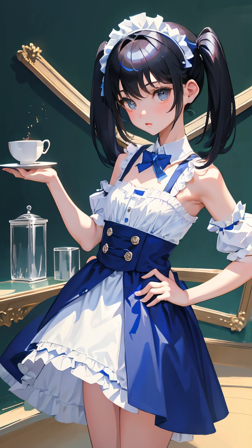 (short cute girl, young studeg delicate girl),(masterpiece,Top quality),Light blue maid clothes,black hair twintails