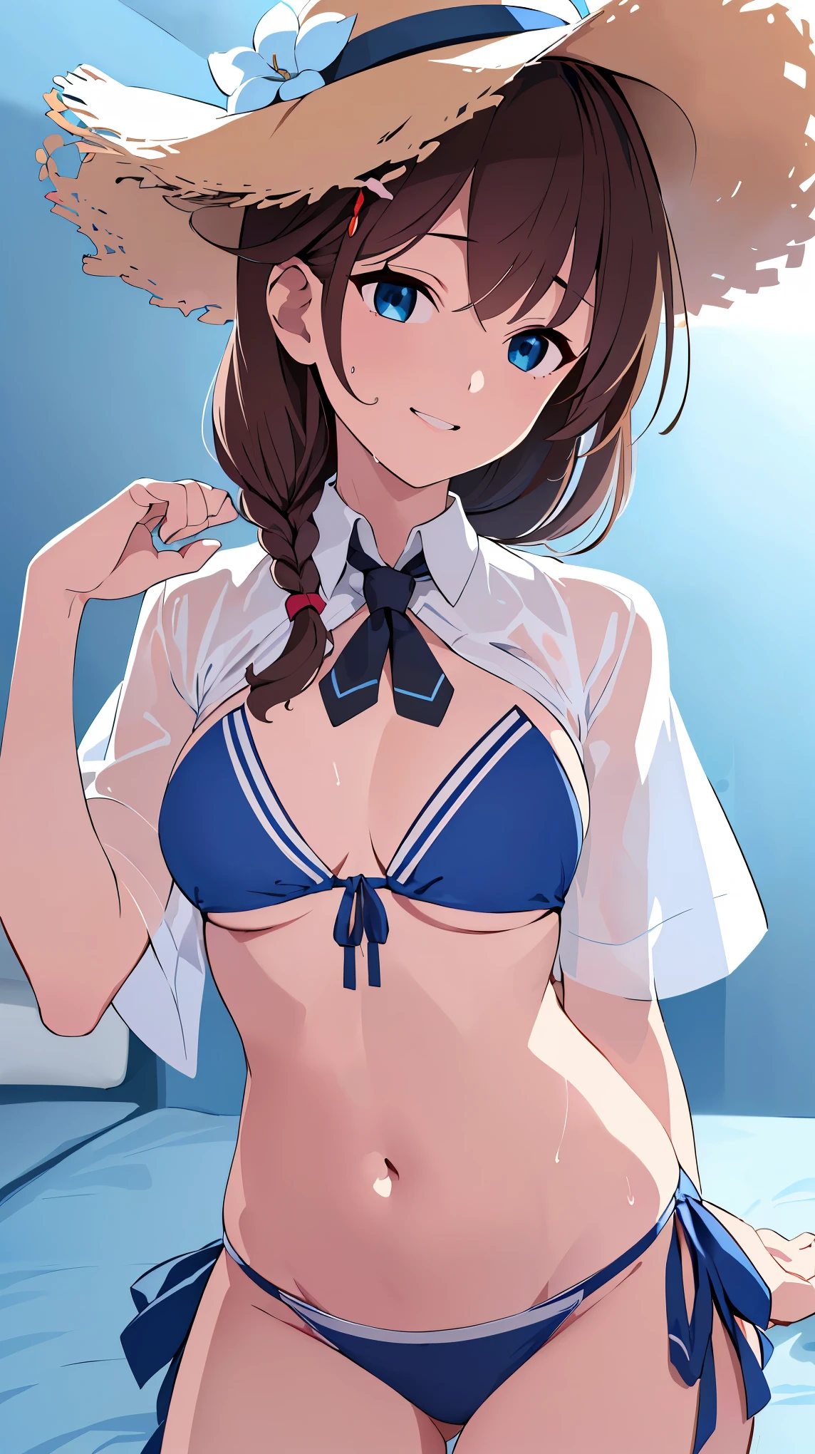 (masterpiece), (best quality), (ultra-detailed), photorealistic, (best illustration), (an extremely delicate and beautiful), 1girl, solo, detailed scenery, simple_background, kcshigurek3su, cowboy shot, leaning forward, finely detailed iris, detailed eyes, side-tie bikini bottom, hair ornament, hair flaps, single braid, brown hair, straw hat, hat flower, front-tie bikini top, black necktie, collared shirt, see-through, blue bow, light smile, short sleeves,
Very Fine Eyes Very Fine Face、Insanely detailed body、Extremely fine skin, very elaborate hair ornament, Precisely shaped body and hands Wet Transparent Shirt((Composition with one arm raised to show the underarm.)) expose one's weakness  arm up  (perfect hands, perfect anatomy),