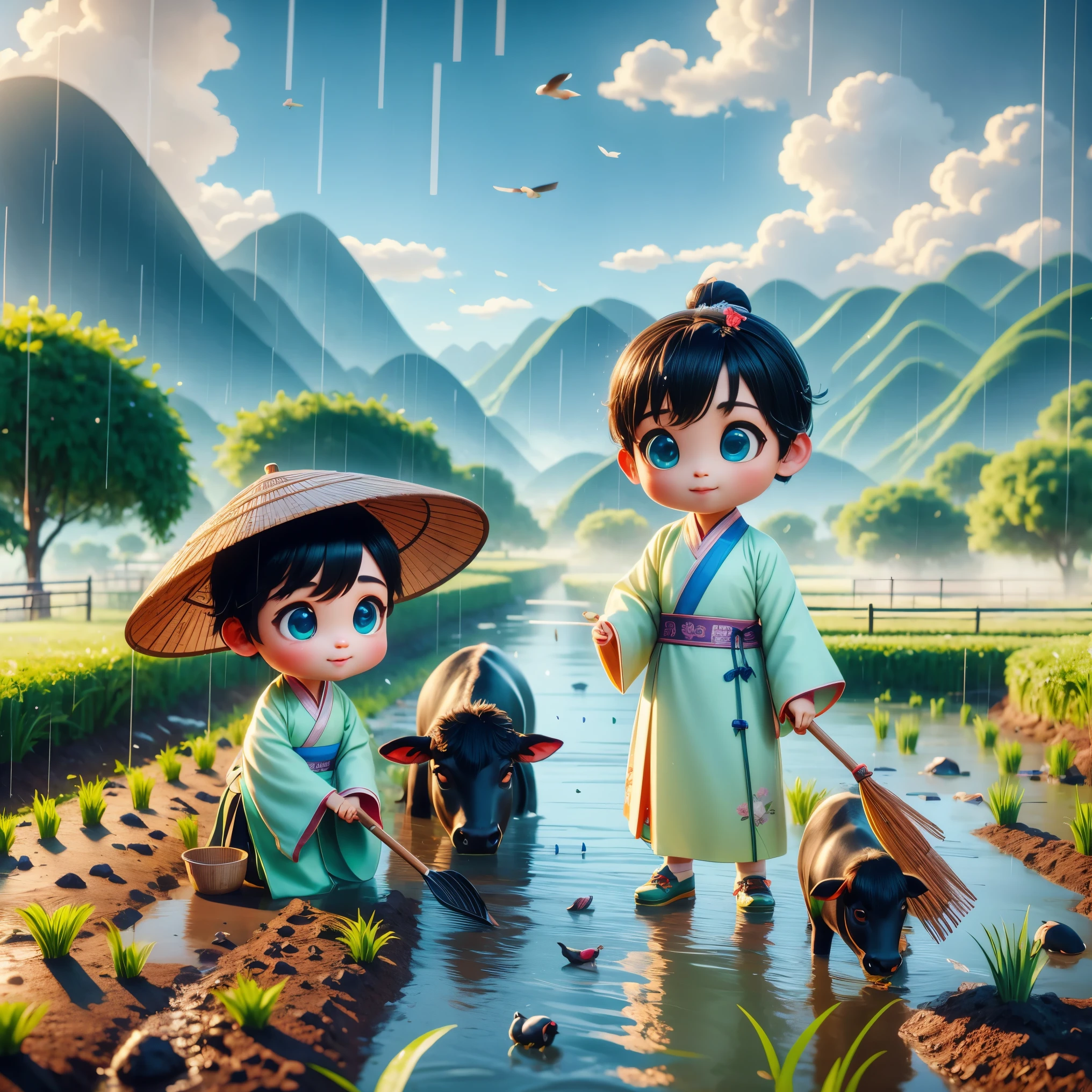 It rains during the Qingming season，A cute little Chinese boy，Dressed in light-colored Hanfu，Planting vegetables with a hoe，A black cow eats grass，From Bubble Mart。she is in the fields，River in the distance、grassland，There are mountains in the distance，Birds circling in the sky，Green onions。Characters in Disney Pixar style，watery eyes，Bright colors。Ray tracing、Octane rendering technology，wide angle view，Clay material，animated lights。3D production，Use C4D、OC rendering