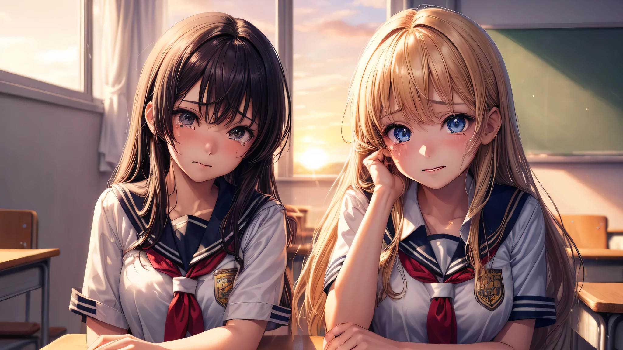 (2 girls:1.2), beautiful girl, shining smile, air bangs, (school uniform, mini skirt:1.2), (highest quality: 1.4), (Super detailed), (highest quality:1.4), (super detailed), sunlight, (School, classroom, cry, shed tears), indoor, sunset, (anime illustration), very high resolution, (Upper body), close up face