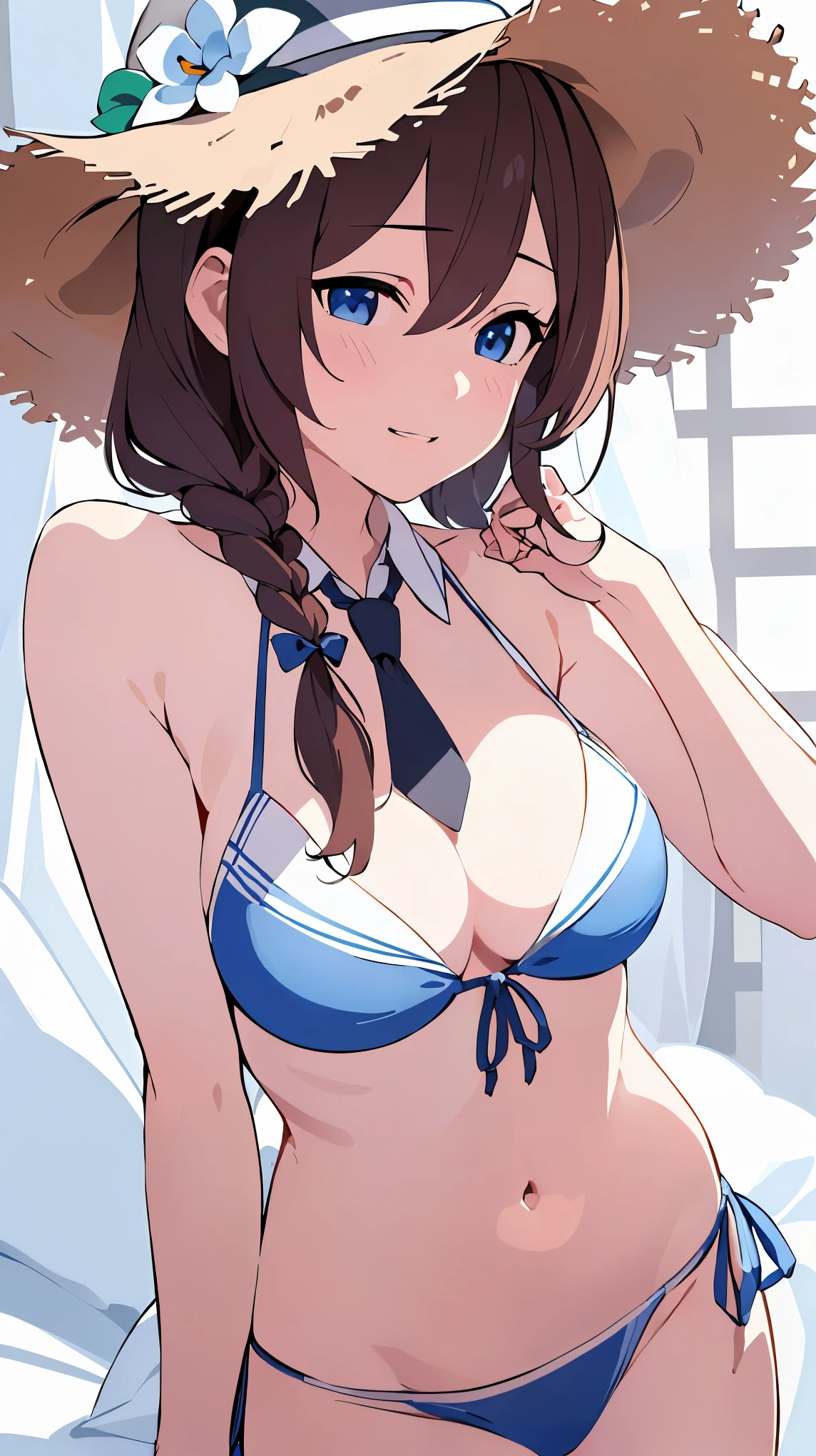 (masterpiece), (best quality), (ultra-detailed), photorealistic, (best illustration), (an extremely delicate and beautiful), 1girl, solo, detailed scenery, simple_background, kcshigurek3su, cowboy shot, leaning forward, finely detailed iris, detailed eyes, side-tie bikini bottom, hair ornament, hair flaps, single braid, brown hair, straw hat, hat flower, front-tie bikini top, black necktie, collared shirt, see-through, blue bow, light smile, short sleeves,
Very Fine Eyes Very Fine Face、Insanely detailed body、Extremely fine skin, very elaborate hair ornament, Precisely shaped body and hands Wet Transparent Shirt((Composition with one arm raised to show the underarm.)) expose one's weakness  arm up  (perfect hands, perfect anatomy),