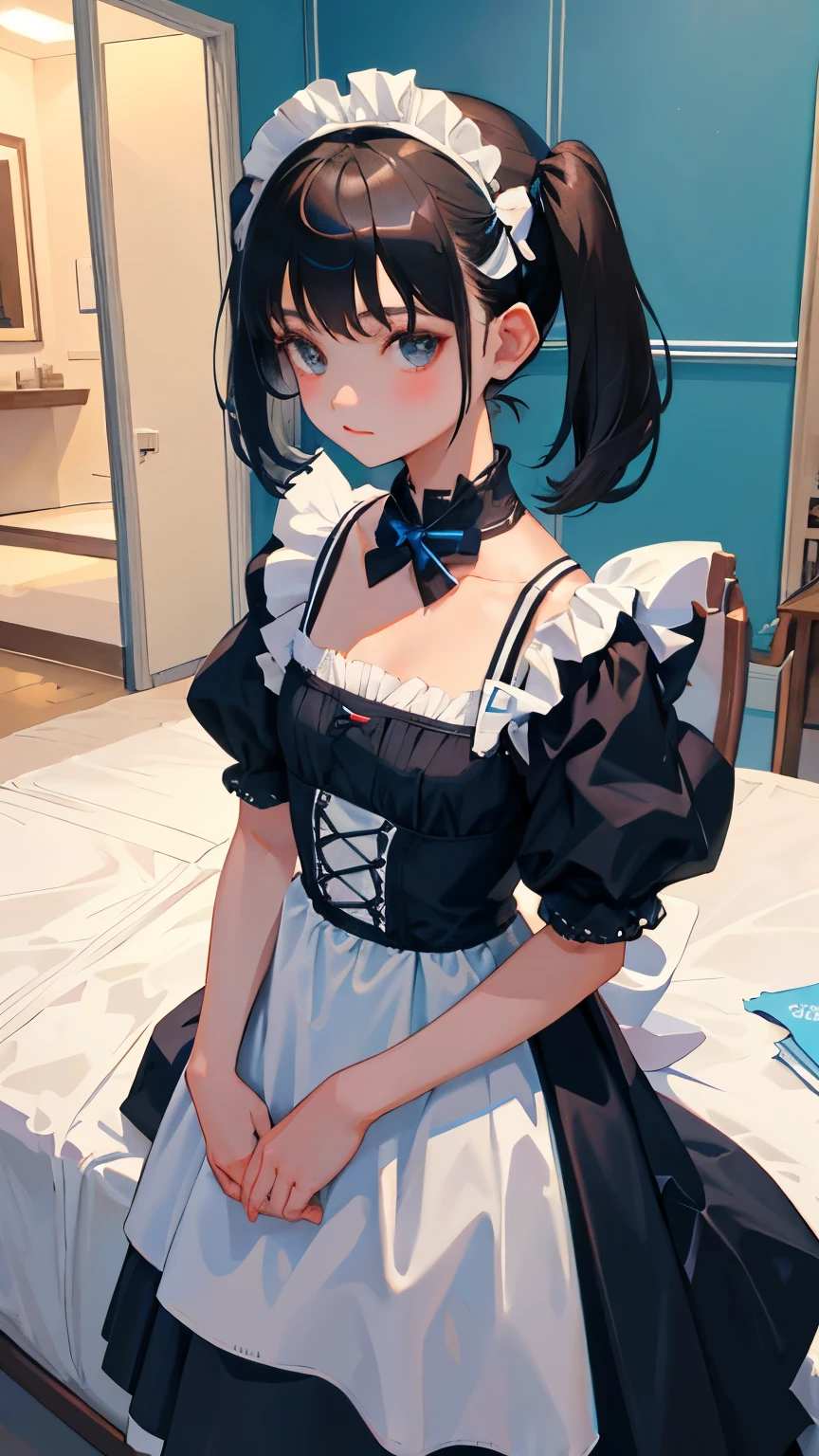 (short cute girl，small young student，young delicate girl）,（masterpiece，Top quality)，Light blue maid clothes，black hair twintails