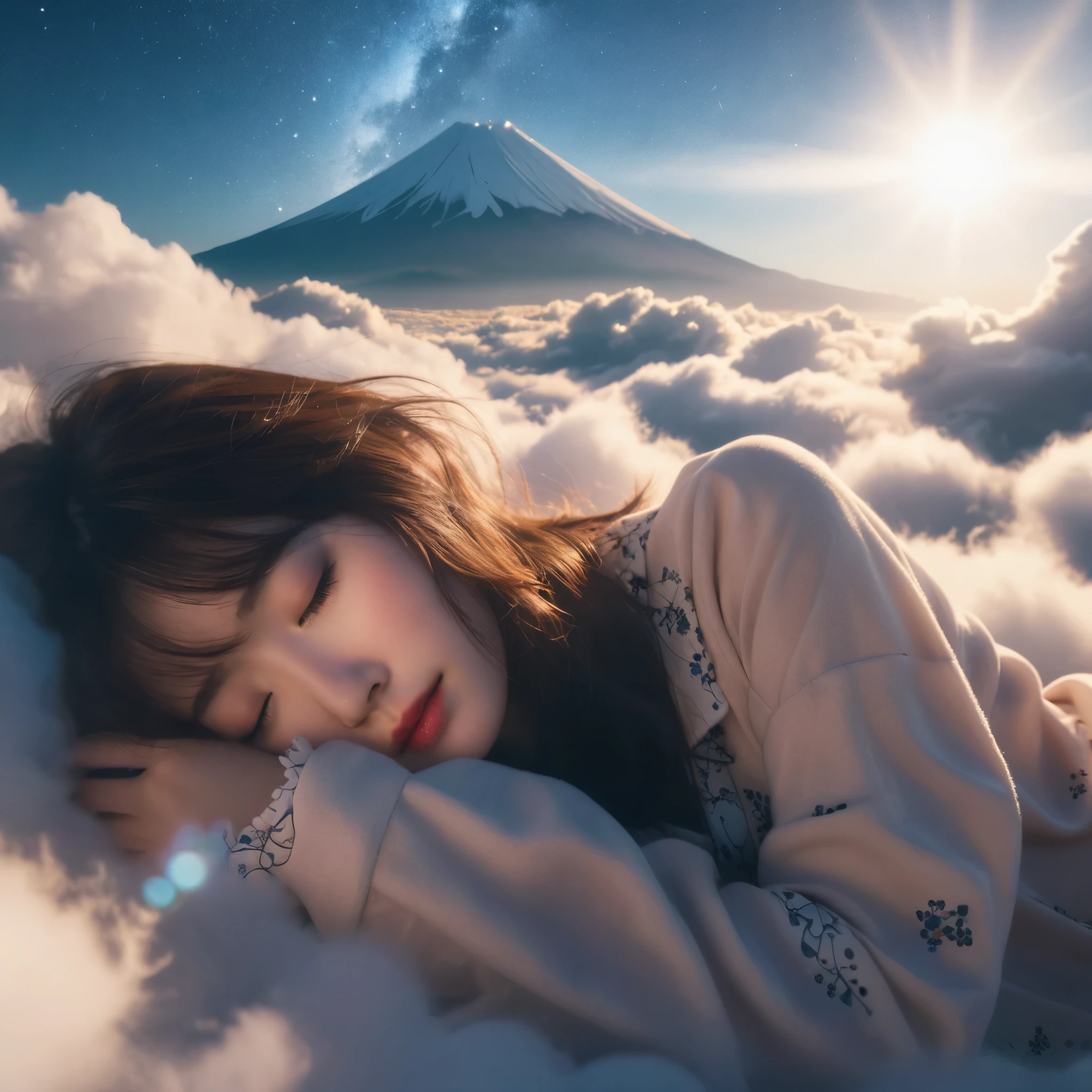 masterpiece, best quality, RAW photo, photorealistic, 8k, ultra realistic photo, beautiful Japanese girl with fair skin, Japanese idol, 18yo, brown hair, wavy and medium hair, detailed skin, closed eyes, detailed cute pajamas, detailed fabric, sleeping on cloud, in the beautiful blue sky, BREAK  view of mount Fuji through a break in the clouds, sunrise, beautiful night sky, starry sky, lens flare