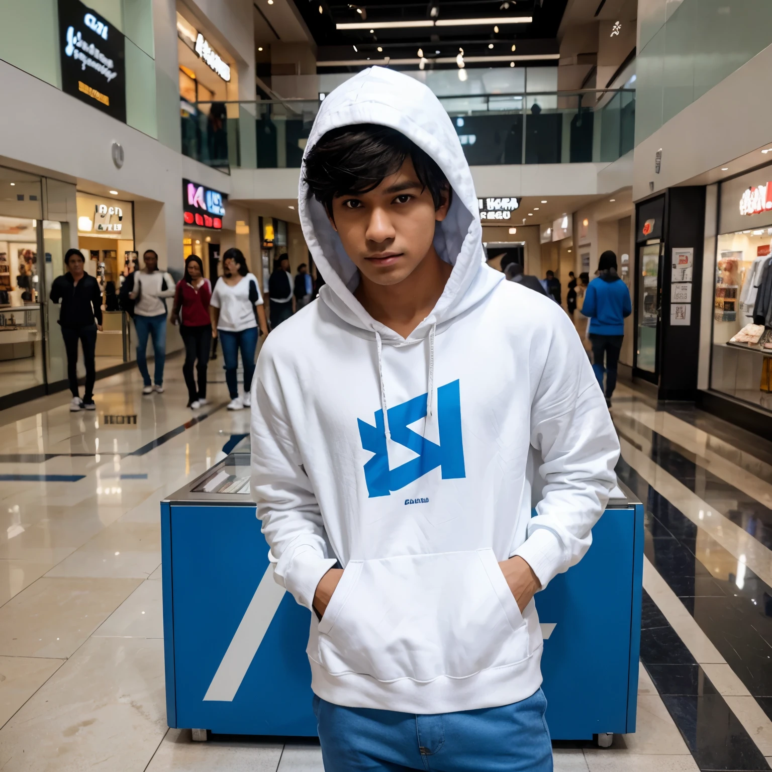 one boy in mall use white hoodie and blue pants and name irfan