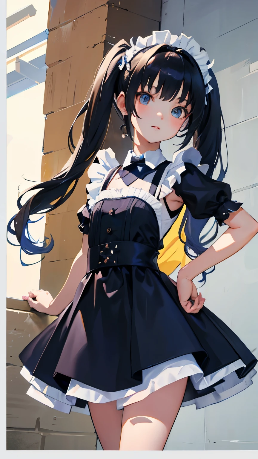 (short cute girl，small young student，young delicate girl）,（masterpiece，Top quality)，Blue Maid Outfit，black hair twintails