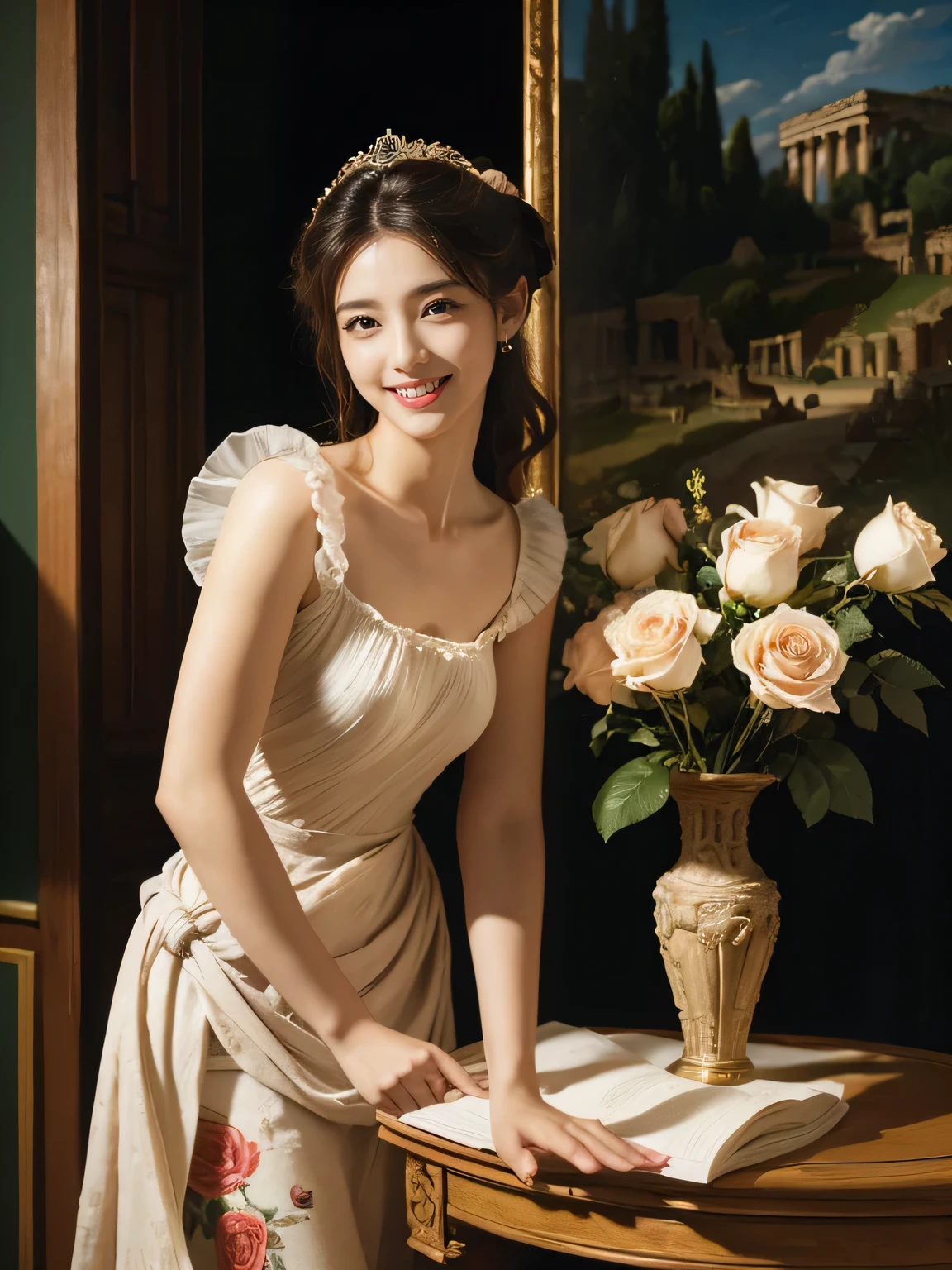 Raffaello Santi painting style,Arguments of two female 、roses in vase、fruits、Cute trinkets、smile、ancient greek costume、Woman standing on ancient Roman ruins ,A big smile