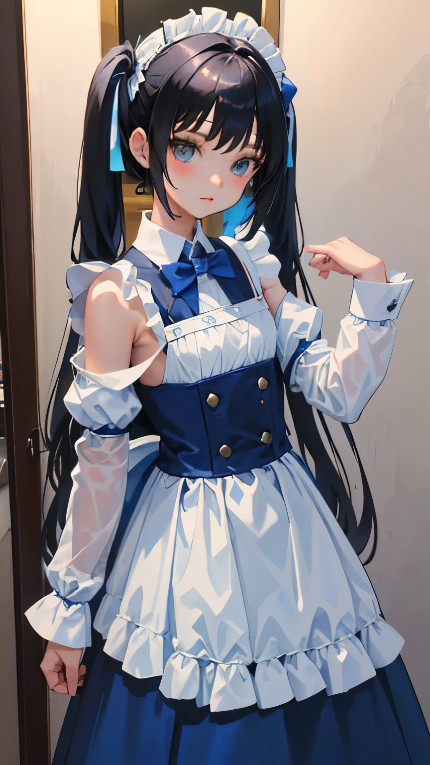 (short cute girl, young studeg delicate girl),(masterpiece,Top quality),Light blue maid clothes,black hair twintails