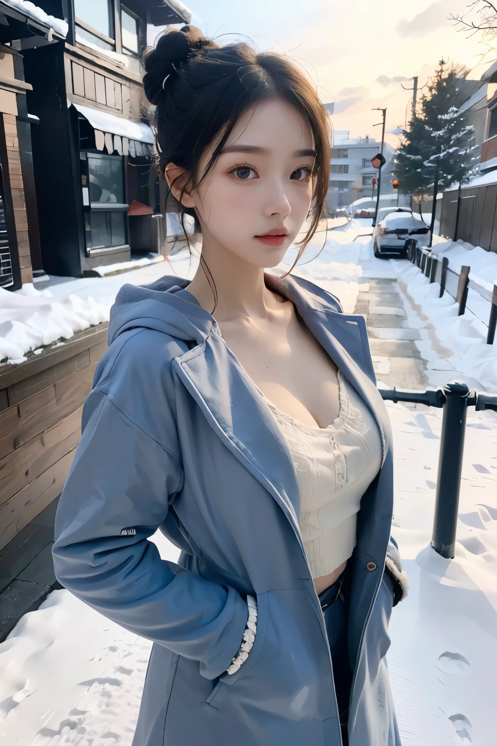 Photo realistic, High resolution, detailed background, detailed beautiful skin, detailed nose, soft lighting, (solo shot:1.23), (upper body:1.1), closed shot, (breast focused:1.3), looking at viewer, (((nice hand, perfect hand))), clear eyes,// japanese lady, pale skin, // (wearing random color Windbreaker), short hair, street snap, ((facing viewer)), at the street tokyo,