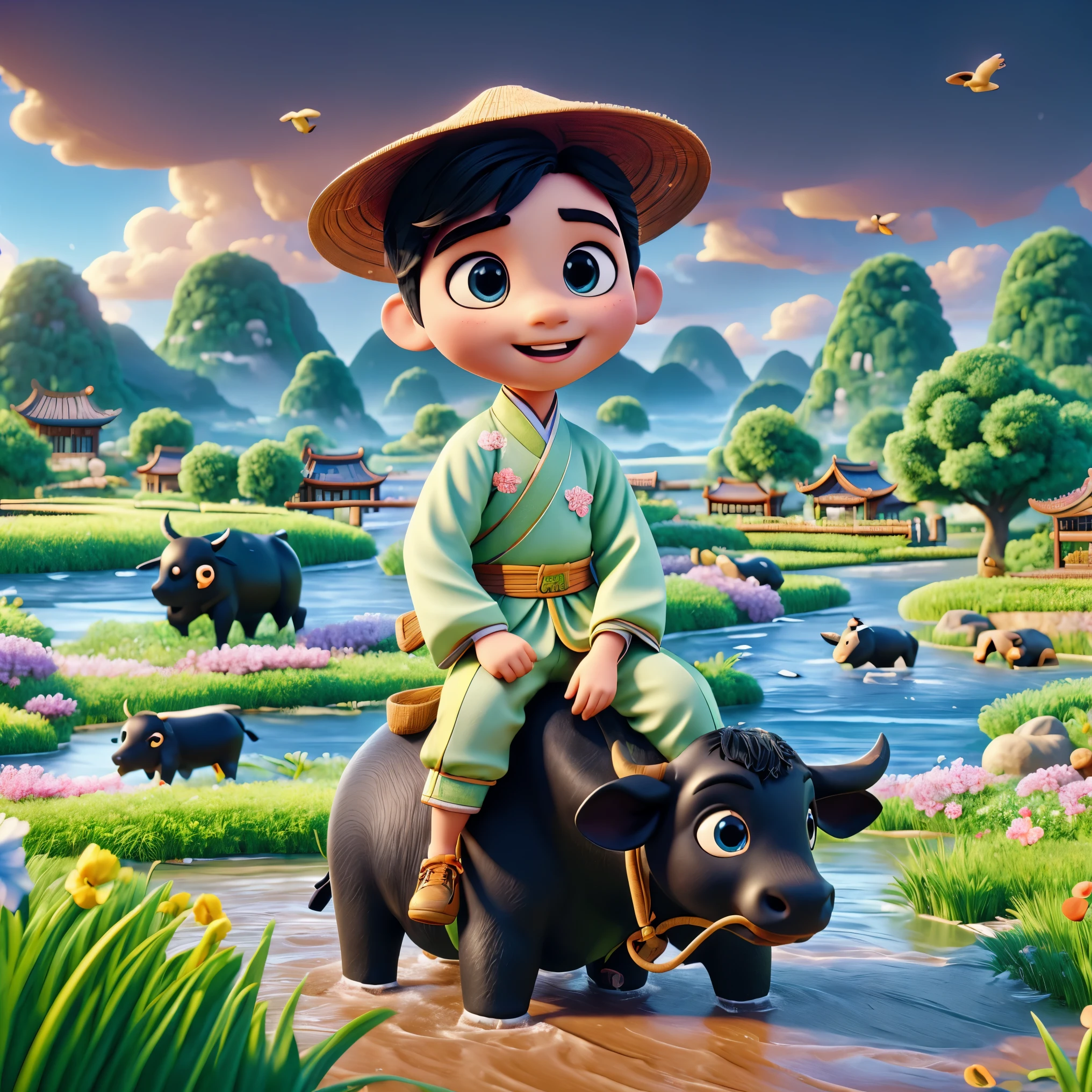 During the Qingming Festival, a gentle rain, an adorable Chinese boy in light-colored Hanfu and wearing a straw hat is sitting atop a black bull, playing a flute, reminiscent of characters from Pop Mart. They are in a field with a river, grasslands, and distant mountains, under a sky with circling birds, depicting vibrant spring life. The boy is rendered in a Disney Pixar style, with big, watery eyes and vivid colors. The scene uses ray tracing and octane rendering techniques for a wide-angle view, with clay-like textures and dynamic, animated lighting. This 3D artwork is created with C4D, OC rendering, and Blender, showcasing rich details and high quality.