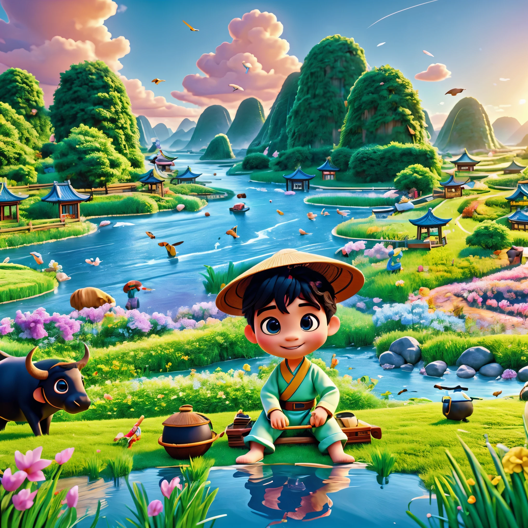 During the Qingming Festival, a gentle rain, an adorable Chinese boy in light-colored Hanfu and wearing a straw hat is sitting atop a black bull, playing a flute, reminiscent of characters from Pop Mart. They are in a field with a river, grasslands, and distant mountains, under a sky with circling birds, depicting vibrant spring life. The boy is rendered in a Disney Pixar style, with big, watery eyes and vivid colors. The scene uses ray tracing and octane rendering techniques for a wide-angle view, with clay-like textures and dynamic, animated lighting. This 3D artwork is created with C4D, OC rendering, and Blender, showcasing rich details and high quality.