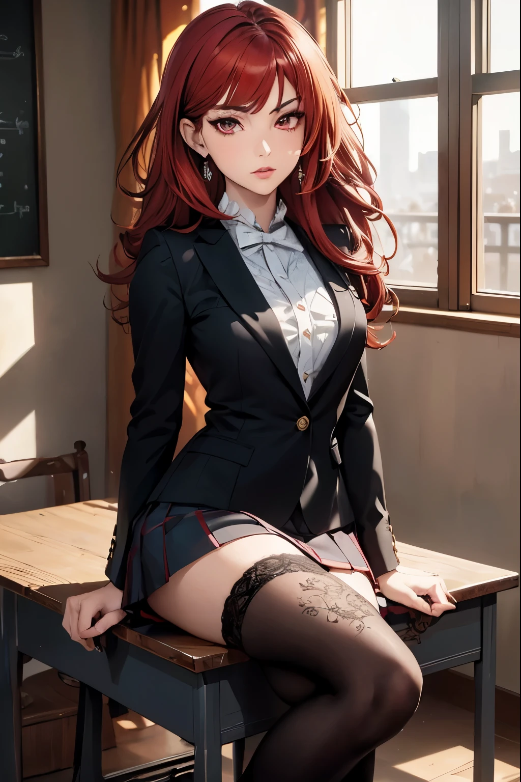 (masterpiece, best quality:1.4), (extremely detailed, 8k, uhd), cinematic shot, natural lighting, ultra highres, vibrant rich colors, (beautiful, aesthetic, perfect, delicate, intricate:1.2), (sharp focus, from front:1.3), eye level shot, 1girl, portrait of a anime girl, young, red hair, (extremely hot, attractive, beautiful, sexy, feminine:1.2) serious expression, serious look, serious eyes, expressive brown eyes, long eyelashes, relaxed,(beautiful detailed face, highly detailed skin, red eyes), gorgeous, breathtaking beauty, seductive, captivating, pale skin, perfect female figure, (slim:0.5), (wearing a JK Uniform :1.2), school girl (highly saturated lipstick, luscious thick lips), intricate details, daytime, award winning photography, detailed background, volumetric fx, anime, hyper-detailed