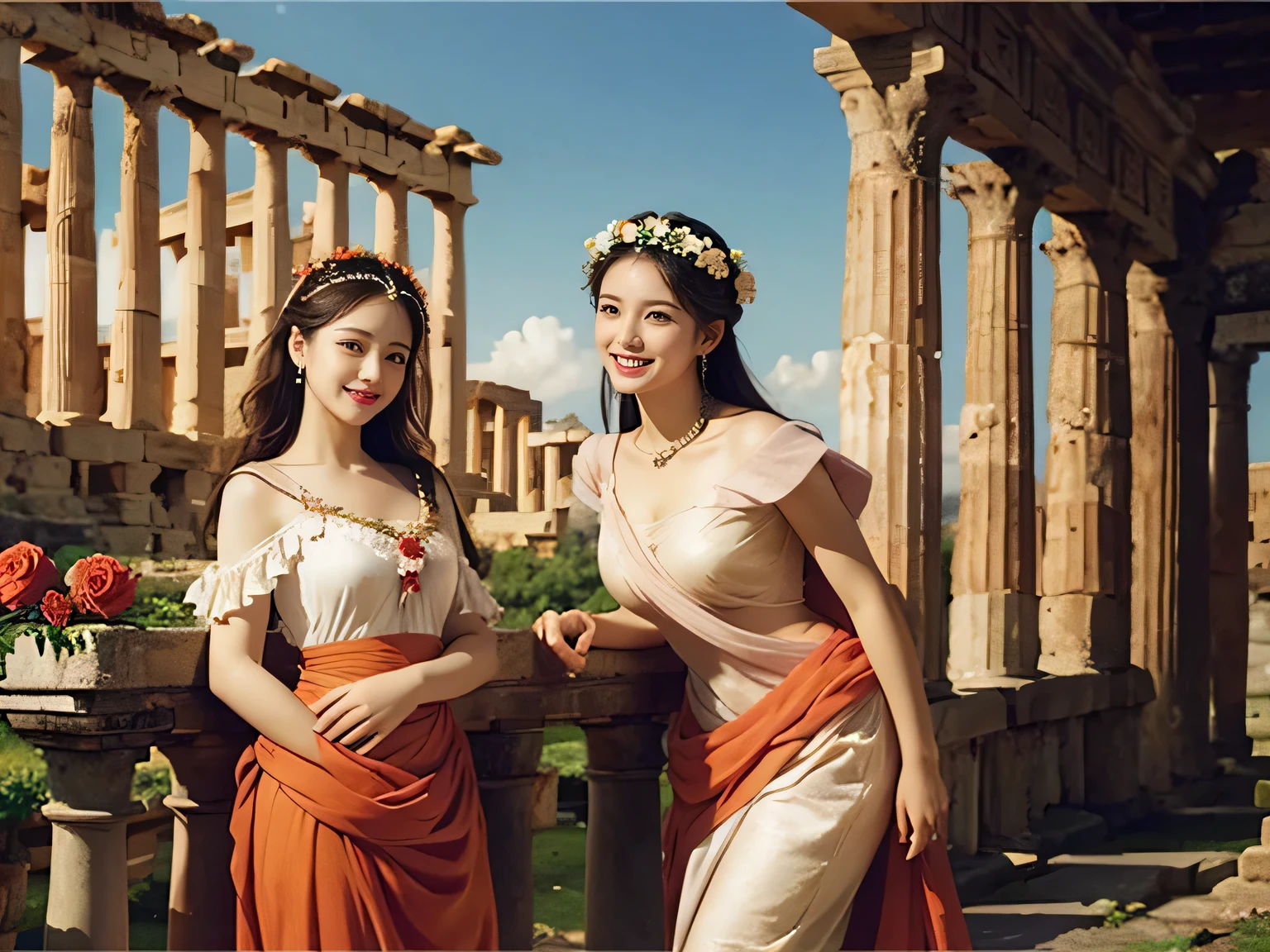 Ancient Roman ruins,Poussin-style landscape,A smile,,Sweet and seductive appearance.、Caravaggio's paintings、Chiaroscuro of Caravaggio、Hair disheveled in the wind,Two women frolicking,Cute smile, Expression of ecstasy,A sexy,Erotic