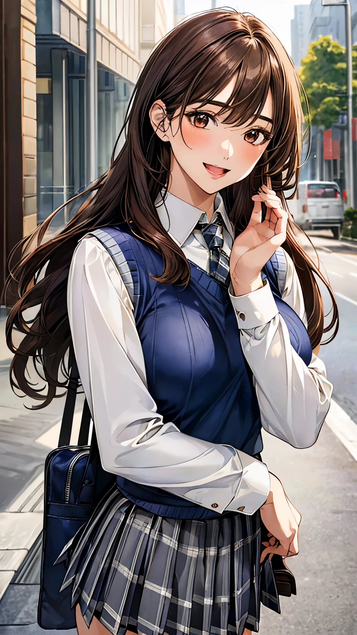 (masterpiece:1.3, top-quality), ultra high res, ultra detailed, (realistic, photorealistic:1.4), beautiful illustration, perfect lighting, colorful, depth of fields,
facing straight at viewer, (face focus, upper body), 1 girl, solo, hight school girl, gravure model, (large breasts:0.8, large ass, seductive thighs, skindentation),
(long hair:1.2, straight hair:1.2, (saddle-brown colored) hair), asymmetrical bangs, (brown) eyes, drooping eyes, big eyes, shiny skin, slender,
beautiful hair, beautiful face, extremely detailed face, beautiful detailed eyes, beautiful clavicle, beautiful body, beautiful chest, beautiful thigh, beautiful legs, beautiful fingers,
(detailed cloth texture, (navy knit vest), grey plaid tie, collared long sleeve white shirt, grey plaid pleated skirt), black socks, white panties, black school bag,
(beautiful scenery), morning, (downtown), standing, waving at viewer, (happy smile, open mouth small),