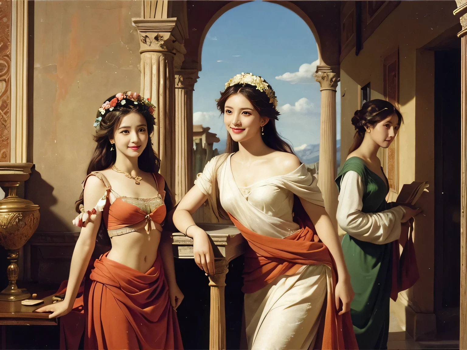 Raffaello Santi painting style,Arguments of two female 、roses in vase、fruits、Cute trinkets、smile、ancient greek costume、Woman standing on ancient Roman ruins ,A big smile