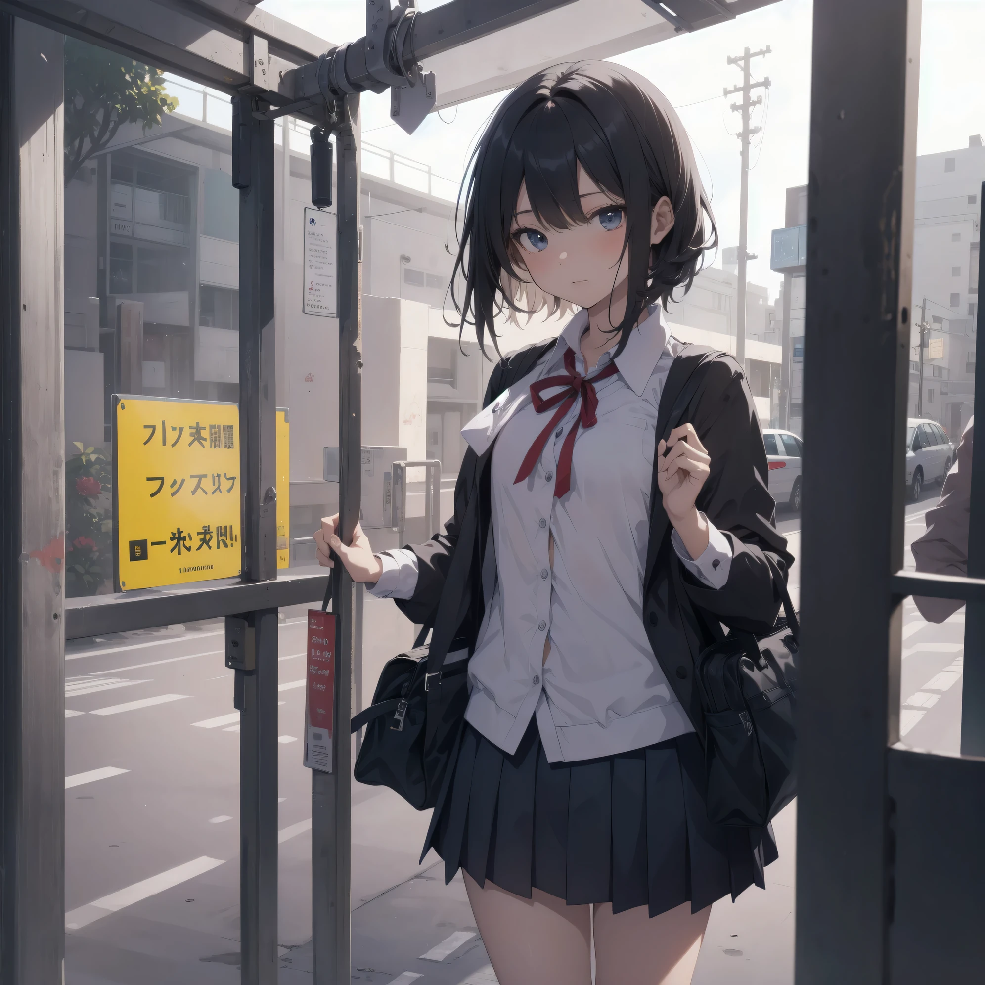 Super absurd quality by the god of art, super detailed, High resolution, anime moe art style, Best Anime 8K Kona-chan Wallpaper, pixiv contest winner, perfect anatomy, break,(眠そうにalone学校へ行く女の子を描いてください. )break,1 girl, (alone,little woman, baby face, :1.3),All limbs, full finger,, The charm of an immature body, (very_short hair), Bang, flat chest, small ass, between legs, small black eyes, detailed and beautiful eyes, Well-proportioned iris and pupils, expressive eyes, sleepy eyes, High resolutionの詳細な髪, neck ribbon, shirt, collared shirt, skirt, pleated skirt, school uniform, school bag,(detailed lighting), (detailed background), On the way to school. break,super dense skin, Best cinematic lighting powered by famous artist, 8k,Beauty Illustration,photoshop_(Moderate),Absurd Hi-Res,Hmm,rough skin,break,((artist:Ixy)), artist:Fujichoko,artist:Yamamoto_Soichiro,artist:hanekoto