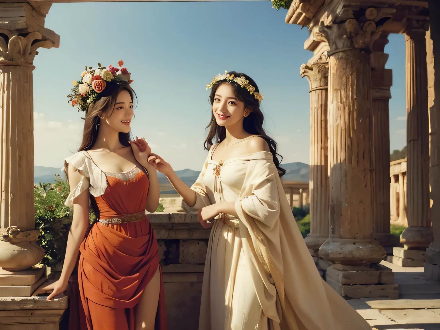 Raffaello Santi painting style,Arguments of two female 、roses in vase、fruits、Cute trinkets、smile、ancient greek costume、Woman standing on ancient Roman ruins ,A big smile
