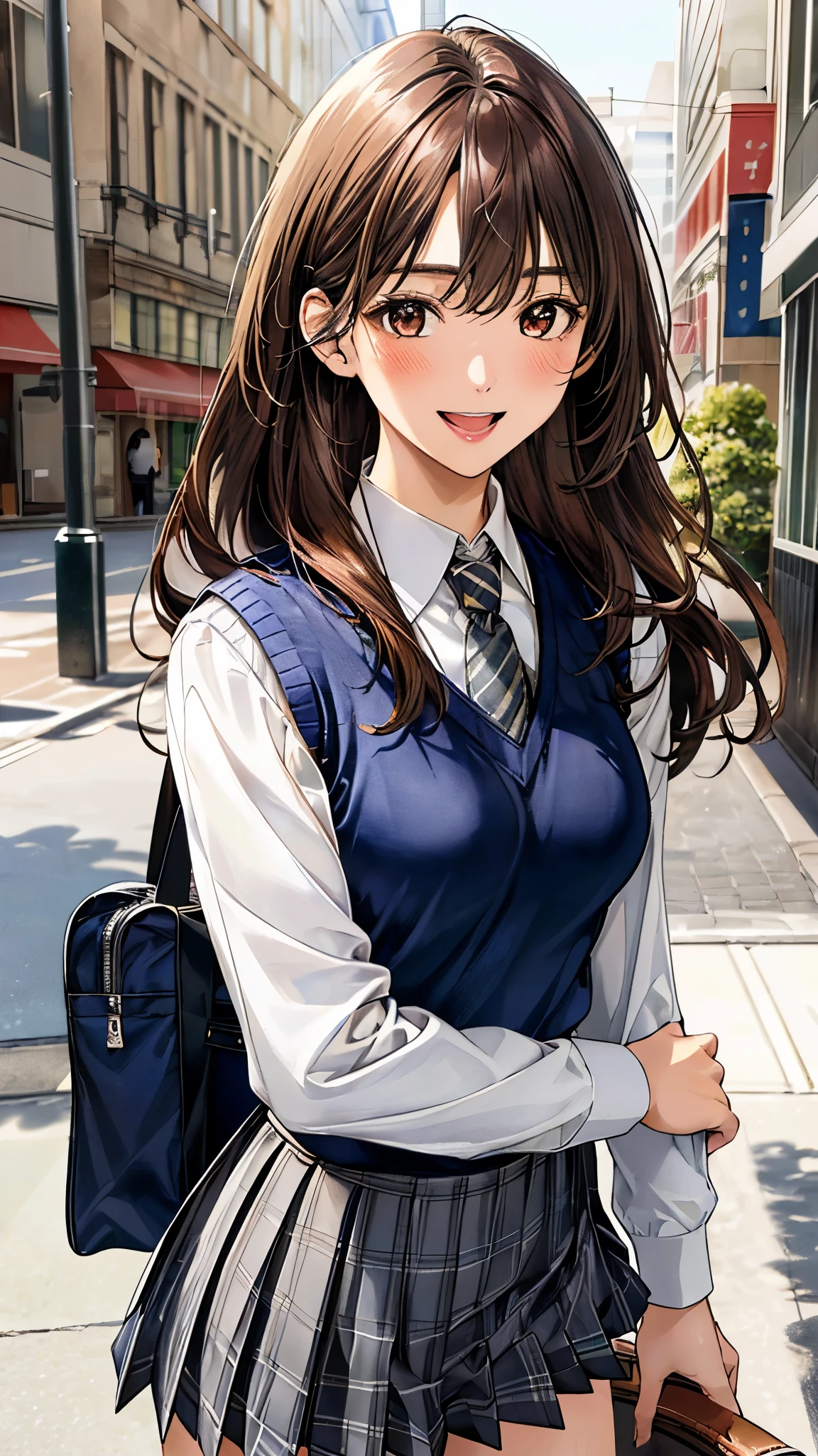 (masterpiece:1.3, top-quality), ultra high res, ultra detailed, (realistic, photorealistic:1.4), beautiful illustration, perfect lighting, colorful, depth of fields,
facing straight at viewer, (face focus, upper body), 1 girl, solo, hight school girl, gravure model, (large breasts:0.8, large ass, seductive thighs, skindentation),
(long hair:1.2, straight hair:1.2, (saddle-brown colored) hair), asymmetrical bangs, (brown) eyes, drooping eyes, big eyes, shiny skin, slender,
beautiful hair, beautiful face, extremely detailed face, beautiful detailed eyes, beautiful clavicle, beautiful body, beautiful chest, beautiful thigh, beautiful legs, beautiful fingers,
(detailed cloth texture, (navy knit vest), grey plaid tie, collared long sleeve white shirt, grey plaid pleated skirt), black socks, white panties, black school bag,
(beautiful scenery), morning, (downtown), standing, waving at viewer, (happy smile, open mouth small),