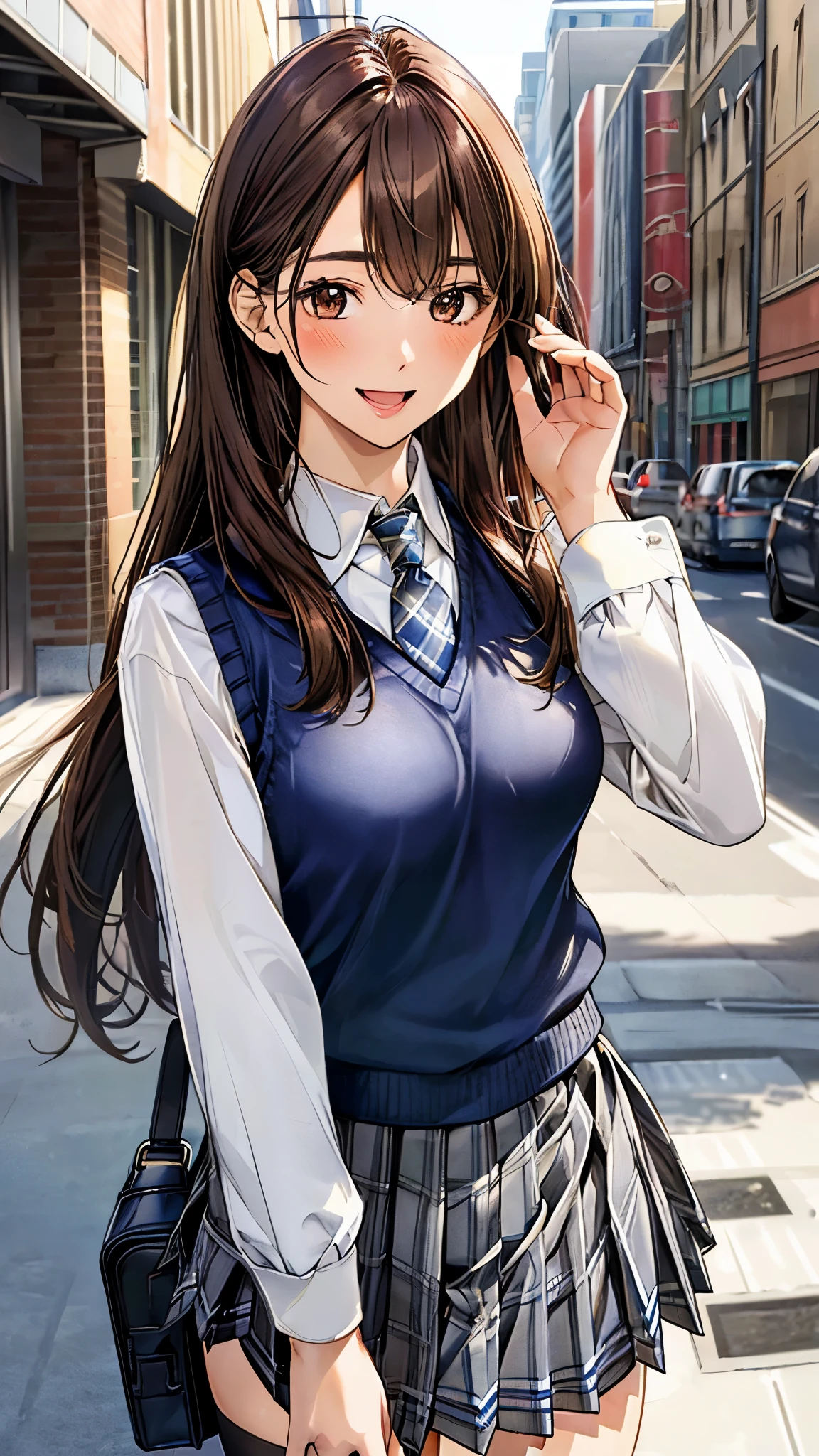 (masterpiece:1.3, top-quality), ultra high res, ultra detailed, (realistic, photorealistic:1.4), beautiful illustration, perfect lighting, colorful, depth of fields,
facing straight at viewer, (face focus, upper body), 1 girl, solo, hight school girl, gravure model, (large breasts:0.8, large ass, seductive thighs, skindentation),
(long hair:1.2, straight hair:1.2, (saddle-brown colored) hair), asymmetrical bangs, (brown) eyes, drooping eyes, big eyes, shiny skin, slender,
beautiful hair, beautiful face, extremely detailed face, beautiful detailed eyes, beautiful clavicle, beautiful body, beautiful chest, beautiful thigh, beautiful legs, beautiful fingers,
(detailed cloth texture, (navy knit vest), grey plaid tie, collared long sleeve white shirt, grey plaid pleated skirt), black socks, white panties, black school bag,
(beautiful scenery), morning, (downtown), standing, waving at viewer, (happy smile, open mouth small),