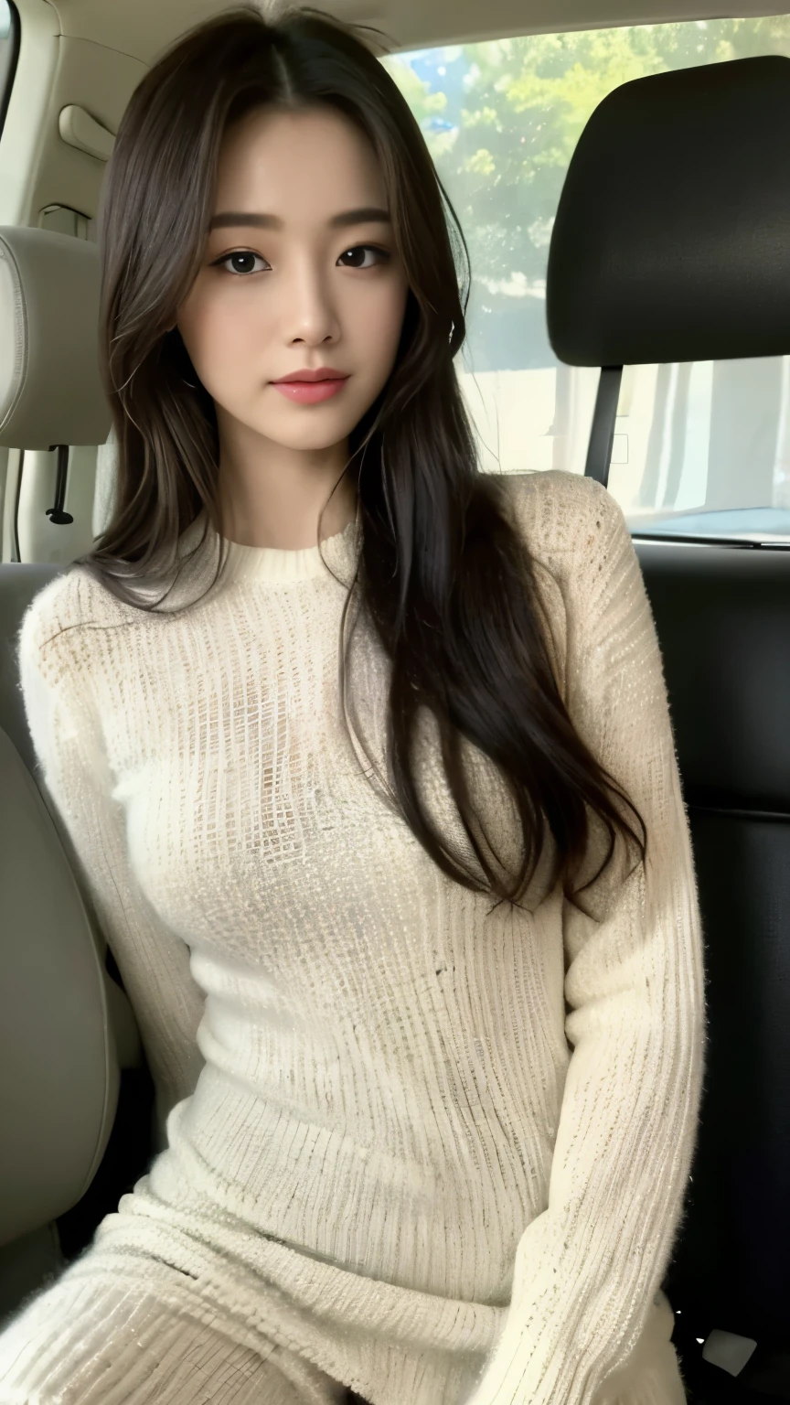 ((top-quality、8k、masterpiece:1.3))、Beautiful woman with perfect body:1.4、slim abdomen:1.2、Longhair, normal breast, Highly detailed facial and skin texture, A detailed eye, delicate eyes, double eyelid, (smile), (full body shot), ((in the car 1.1)), (sitting in the car), ((wearing white sweater suit dress)), looking in front