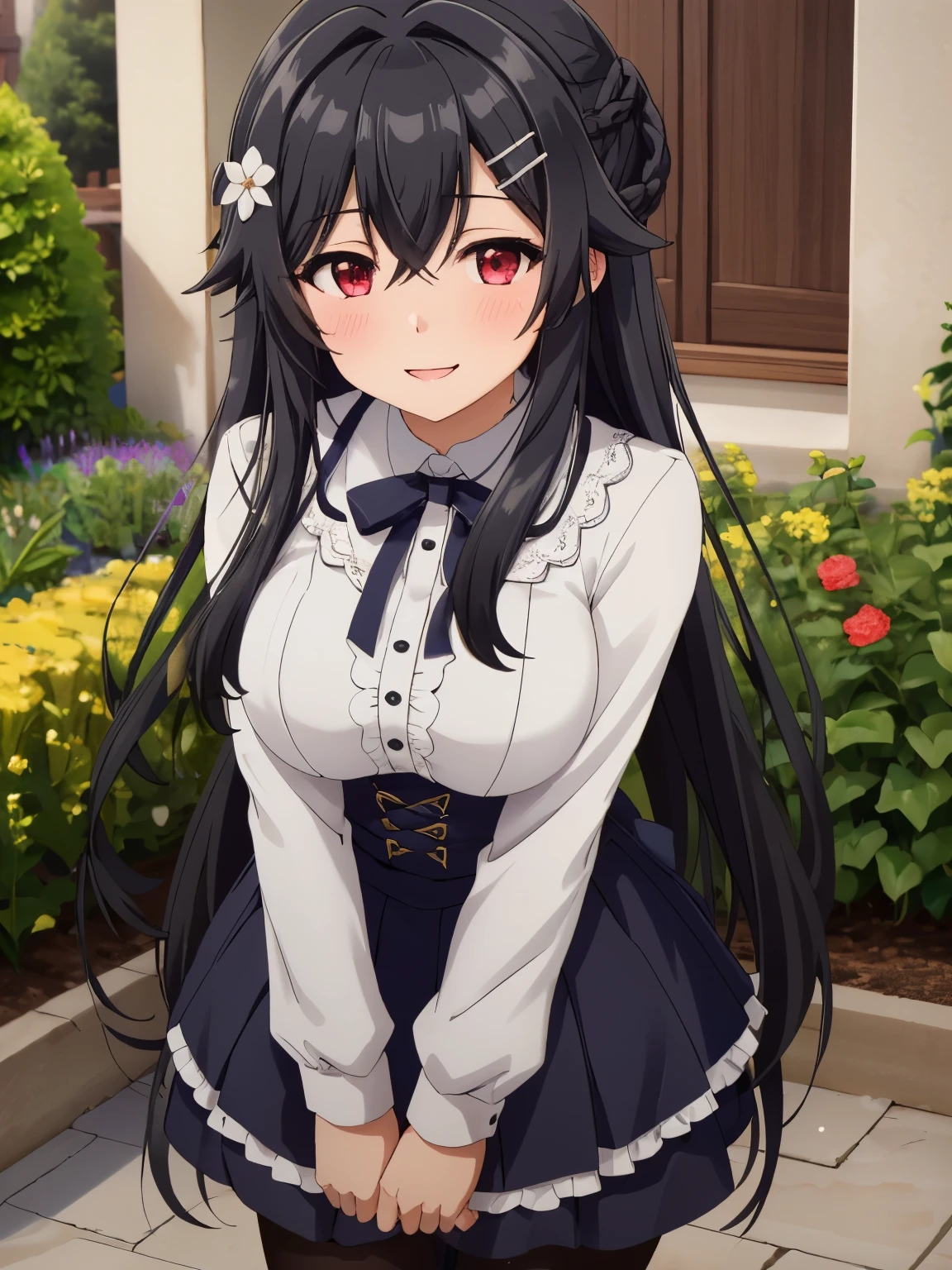 Super detailed, High resolution,[8k images:1.15],garden、carboy shot、全体的にlong hair,hair ornaments,black hair,long hair,hair flower,hair clip,red eyes,Braid,bangs,hair between eyes,
bright eyes、gothic ****ta clothes＿white、arms behind、cute skirt、whiteいスカート, whiteいスカート、absolute reference to center,big breasts,
pantyhose,black pantyhose, exquisite visuals, High resolution,masterpiece,highest quality,smile