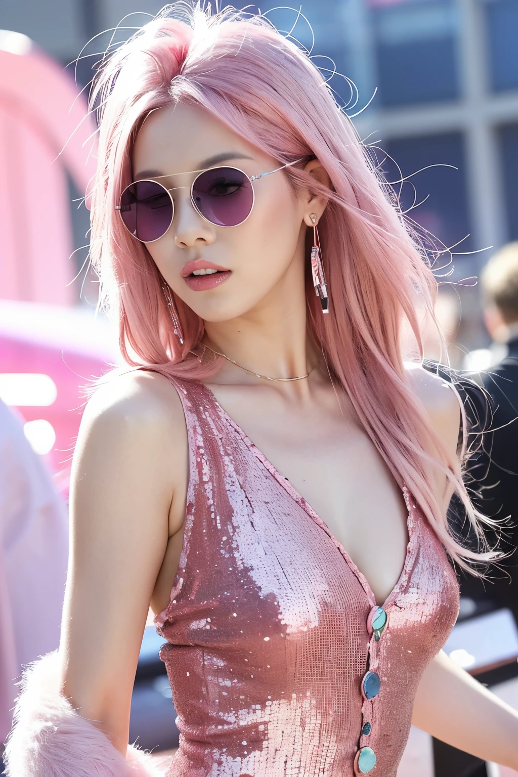 (pink hair, larg breastextra detailed body、extra detailed face、best qualtiy:1.2)、femele、looking at the viewers、(Colorful flashy clothes with pink-based sequins, lots of buttons and fur、Large shoulder-length piercings、Round futuristic sunglasses)、(Pink distorted round architectural mess on background:1.4)、Midjourney Worldview