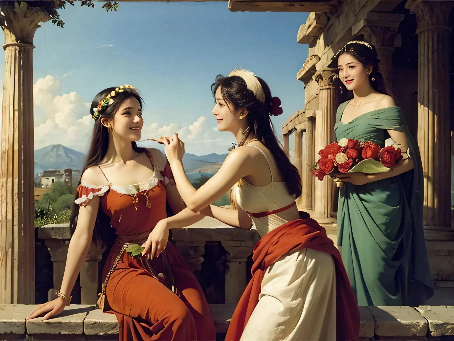 Raffaello Santi painting style,Arguments of two female 、roses in vase、fruits、Cute trinkets、smile、ancient greek costume、Woman standing on ancient Roman ruins ,A big smile