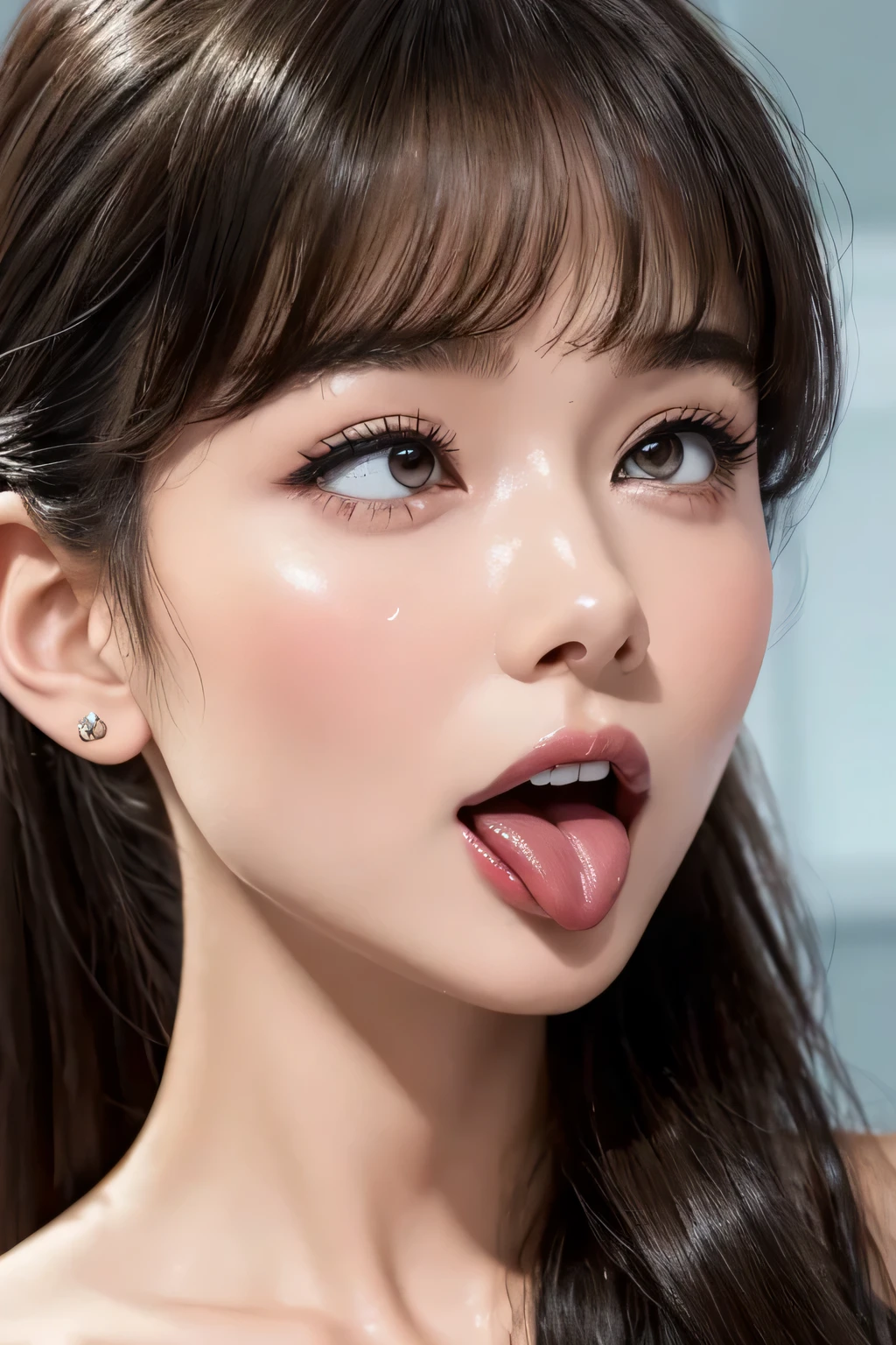 Audrey Hepburn、1 girl,debris flies,,award winning photos, very detailed, focus the eyes clearly, nose and mouth,face focus, super close up of face、woman with open mouth and closed eyes,20-year-old,black hair、symmetrical face,realistic nostrils、angle from below、elongated C-shaped nostrils,,,,,,,,,,,NSFW,sweaty and shiny skin、汗でglowing skinを強調する照明、((sharp nose))汗でglowing skin、shiny skin、sweaty hair、semi-backlit lighting、(wrinkles between eyebrows))(cum on tongue)、deep kiss、((thin eyebrows))oily skin、glowing skin、double eyelid、wet and shiny tongue、Beautiful face woman with wet tongue full of foam、Beautiful woman、medium hair,roll your eyes、shortcut、Harajuku street、blouse,upper body only,Head rises,