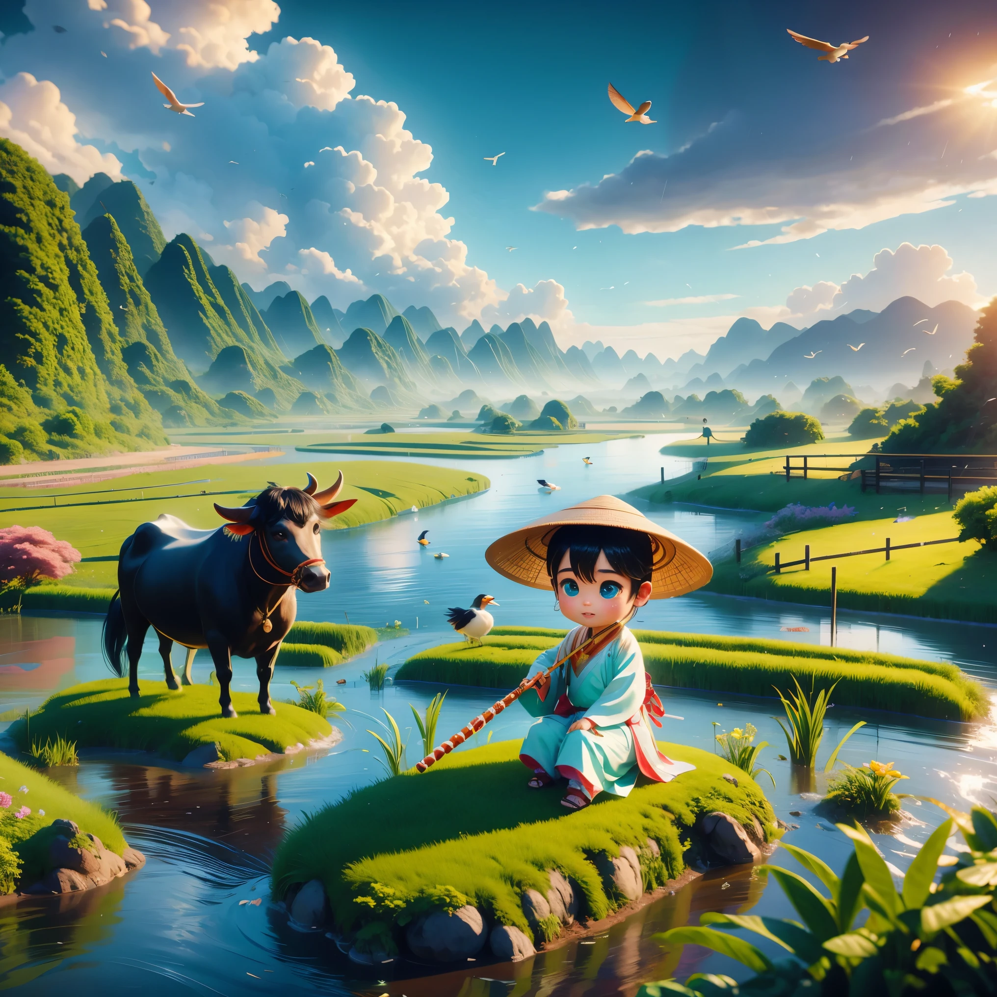 It rains during the Qingming season，A cute little Chinese boy，Dressed in light-colored Hanfu，Wearing a straw hat and riding on the back of a black cow，((playing the flute))，he is in the fields，River in the distance、grassland，There are mountains in the distance，Birds circling in the sky，Green onions。Characters in Disney Pixar style，watery eyes，Bright colors。Ray tracing、Octane rendering technology，wide angle view，Clay material，animated lights。3D production，Use C4D、OC rendering、Blender software，IP based authorization