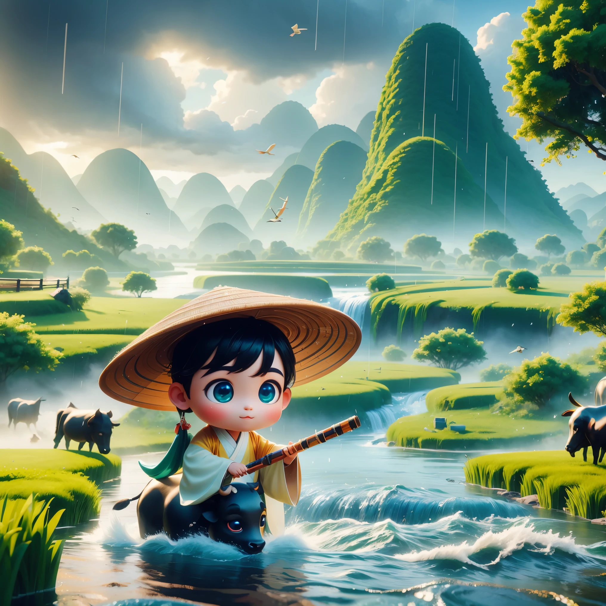 It rains during the Qingming season，A cute little Chinese boy，Dressed in light-colored Hanfu，Wearing a straw hat and riding on the back of a black cow，((playing the flute))，he is in the fields，River in the distance、grassland，There are mountains in the distance，Birds circling in the sky，Green onions。Characters in Disney Pixar style，watery eyes，Bright colors。Ray tracing、Octane rendering technology，wide angle view，Clay material，animated lights。3D production，Use C4D、OC rendering、Blender software，IP based authorization