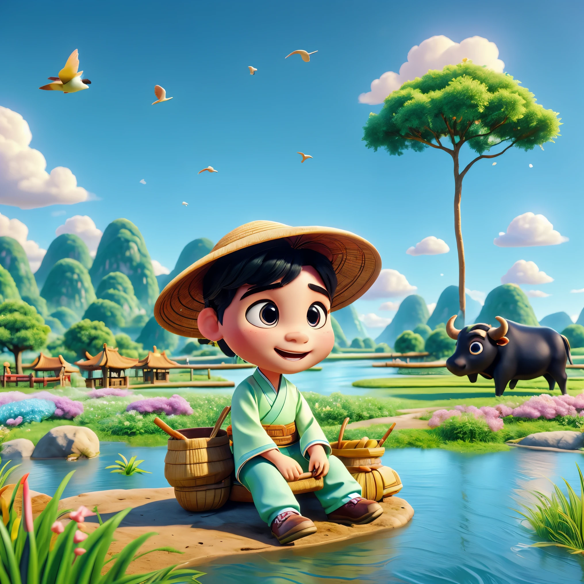 During the Qingming Festival, a gentle rain, an adorable Chinese boy in light-colored Hanfu and wearing a straw hat is sitting atop a black bull, playing a flute, reminiscent of characters from Pop Mart. They are in a field with a river, grasslands, and distant mountains, under a sky with circling birds, depicting vibrant spring life. The boy is rendered in a Disney Pixar style, with big, watery eyes and vivid colors. The scene uses ray tracing and octane rendering techniques for a wide-angle view, with clay-like textures and dynamic, animated lighting. This 3D artwork is created with C4D, OC rendering, and Blender, showcasing rich details and high quality.