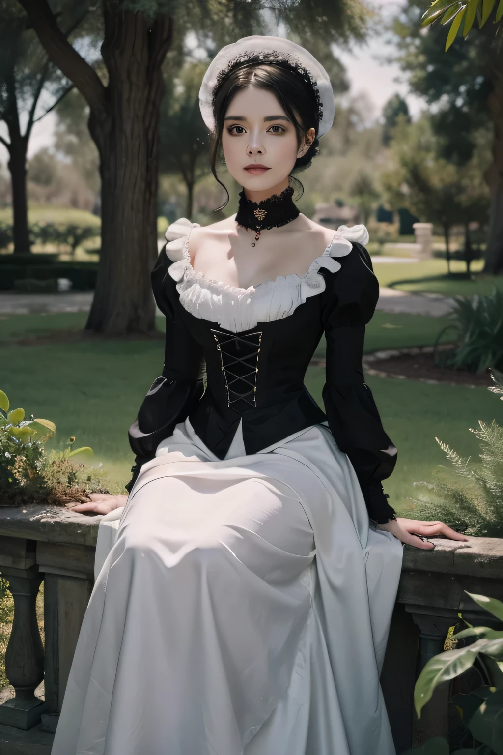 woman in a black and white dress with a long skirt, victorian style costume, intricate costume design, victorian goth, an elegant Gothic princess, of the 17th-century luxury garden, He walked in the emirate, A very magnificent garden of trees, dried trees, style silent hill, Scary and quiet atmosphere midnight, Evening, air cold, pink cloud, winter, frontal view, wide angle, terrible, moonlighting, extremely detailed, super-resolution, high quality, hyper-detailed, Masterpiece, 8k