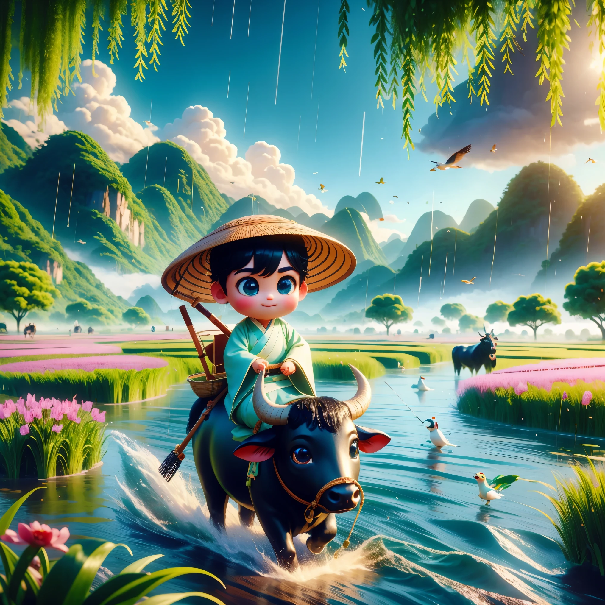 It rains during the Qingming season，A cute little Chinese boy，Dressed in light-colored Hanfu，Wearing a straw hat and riding on the back of a black cow，playing the flute，From Bubble Mart。he is in the fields，River in the distance、grassland，There are mountains in the distance，Birds circling in the sky，Green onions。Characters in Disney Pixar style，watery eyes，Bright colors。Ray tracing、Octane rendering technology，wide angle view，Clay material，animated lights。3D production，Use C4D、OC rendering、Blender software，IP based authorization