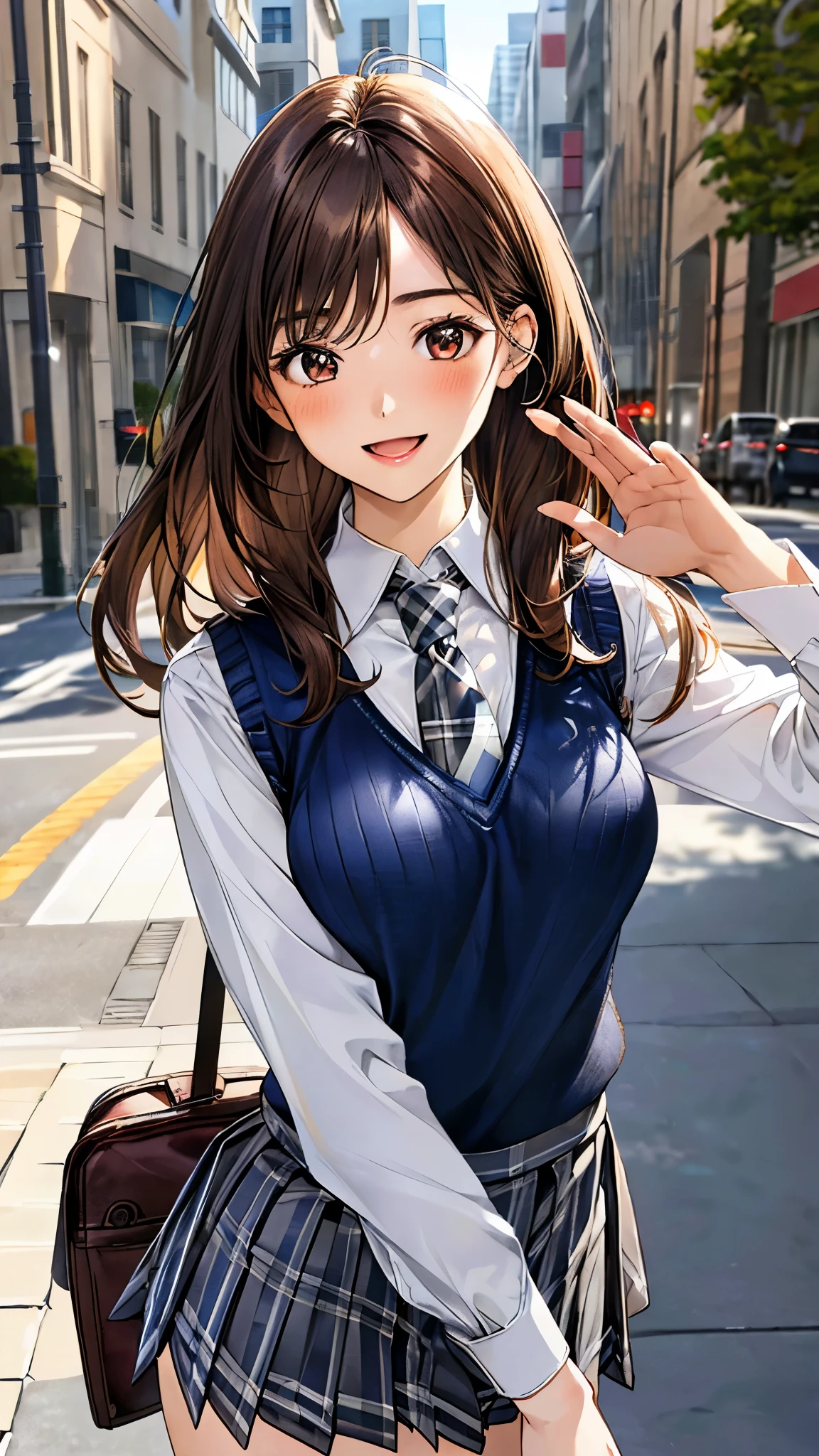 (masterpiece:1.3, top-quality), ultra high res, ultra detailed, (realistic, photorealistic:1.4), beautiful illustration, perfect lighting, colorful, depth of fields, 
facing straight at viewer, (face focus, upper body), 1 girl, solo, hight school girl, gravure model, (large breasts:0.8, large ass, seductive thighs, skindentation),
(long hair:1.2, straight hair:1.2, (saddle-brown colored) hair), swept bangs, (brown) eyes, drooping eyes, big eyes, shiny skin, slender, 
beautiful hair, beautiful face, extremely detailed face, beautiful detailed eyes, beautiful clavicle, beautiful body, beautiful chest, beautiful thigh, beautiful legs, beautiful fingers, 
(detailed cloth texture, (navy knit vest), grey plaid tie, collared long sleeve white shirt, grey plaid pleated skirt), black socks, white panties, black school bag,
(beautiful scenery), morning, (downtown), standing, (waving at viewer), (happy smile, open mouth small), 