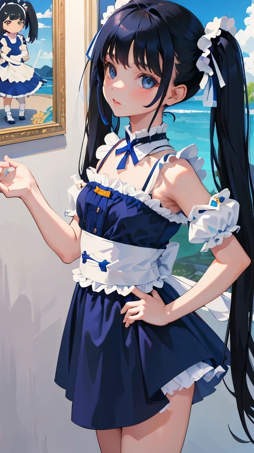 (short cute girl,small young student,young delicate girl),(masterpiece,Top quality),Blue Maid Outfit,black hair twintails