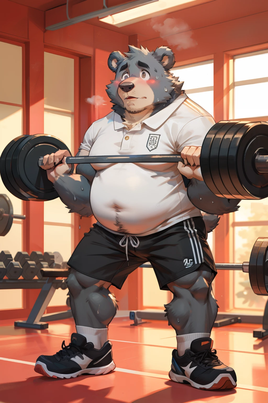 Gray Bear Man, social fear, blush, Looking shyly at the camera, sweat, weightlifting, Gym, short sleeves, shorts, sports shoes, Slightly fat