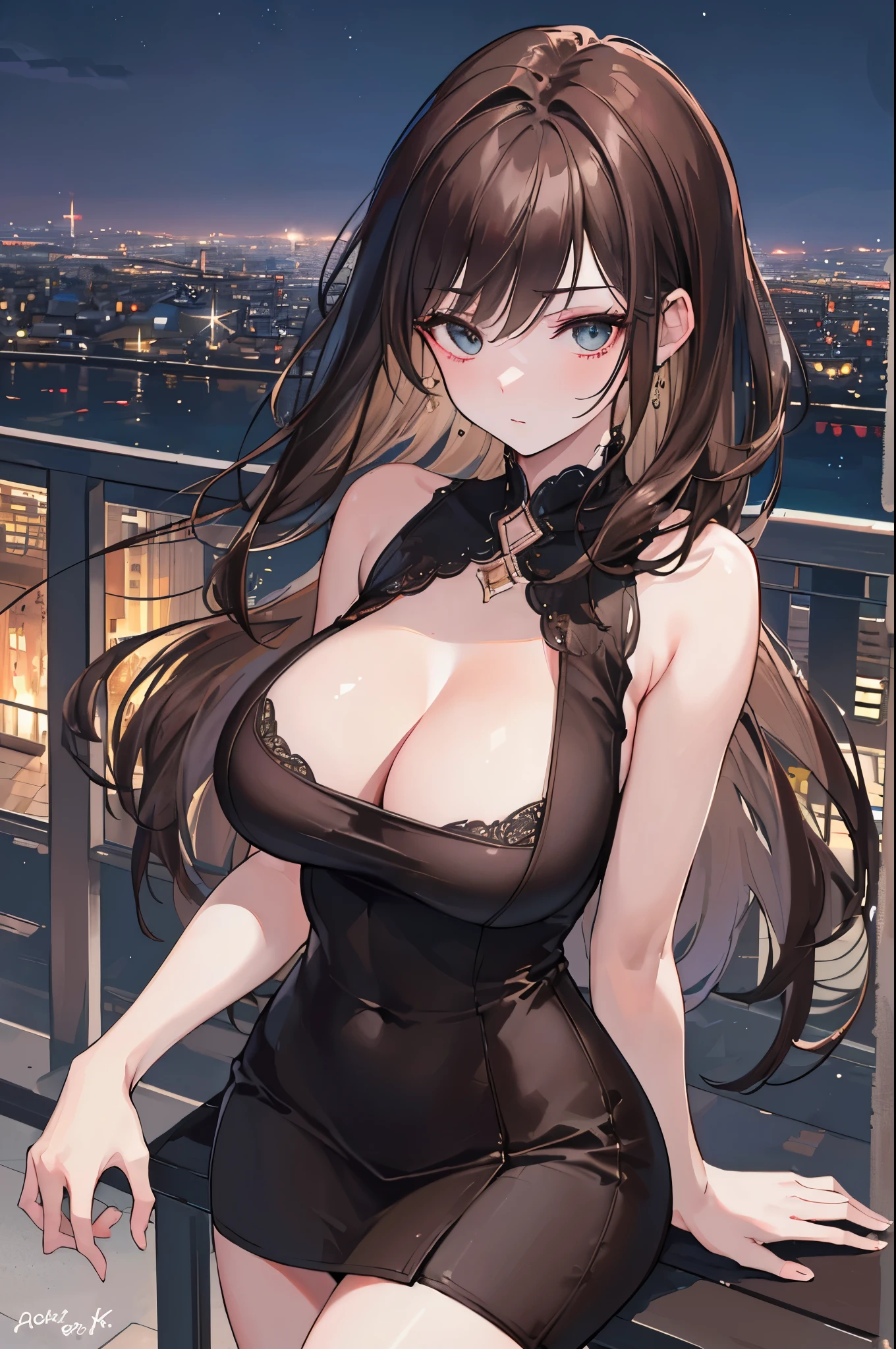 ((best quality, 8k, masterpiece :1.3)), whole body, sharp focus :1.2, beautiful woman，Perfect body :1.4, Slim abs :1.2, ((Dark brown hair, big breasts :1.2)), vest dress :1.1, (city night view, modern balcony :1.1), Highly detailed facial and skin textures, delicate eyes, double eyelids