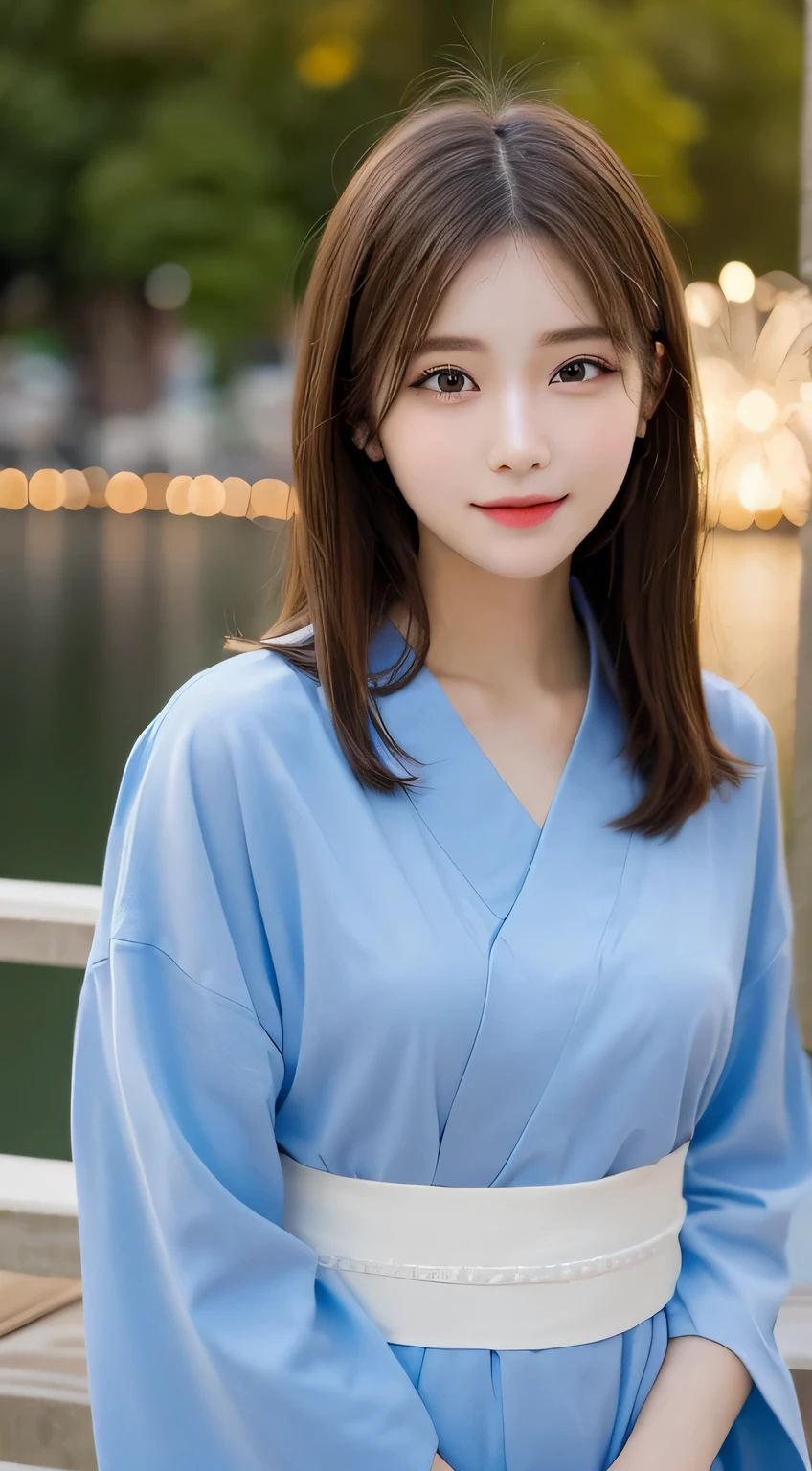 table top, highest quality, shape, Super detailed, finely, High resolution, 16k, perfect dynamic composition, straight hair, medium hair, brown hair,natural color lip, smile, 20歳のgirl、cute、beautiful、完璧でbeautiful顔, beautiful and detailed face, slim face and body, Elegant face, KPOP idol face、Japanese idol faces、small face、Big eyes, brown eyes, droopy eyes, 緻密でbeautiful目, girl、yukata、 front face、Upper body, summer night, Along the river or in the park, Brilliant Fireworks