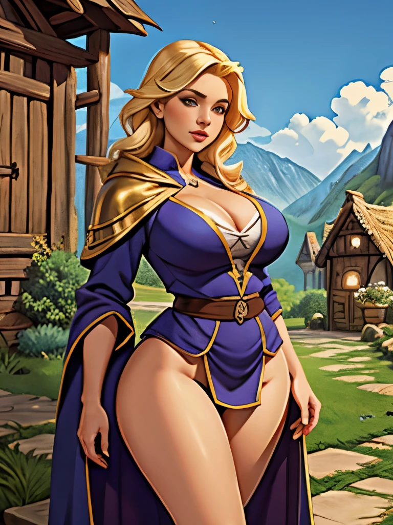 Beautiful blonde cute girl. Wizard robe. Fantasy style. Rpg game character design. Busty. Panties. Sexy outfit. Village background.  Busty. Thicc thighs 