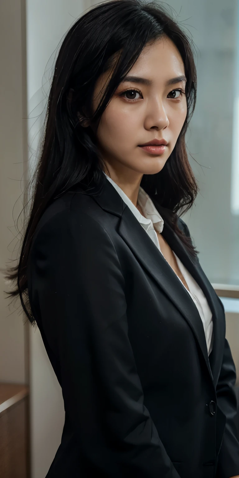 hong kong office lady in office, suit coat, closeup selfie, slim, tired, beautiful face, black straight hair, soft lighting, hyper realistic, beautiful body, soft lighting, realistic skin, closeup