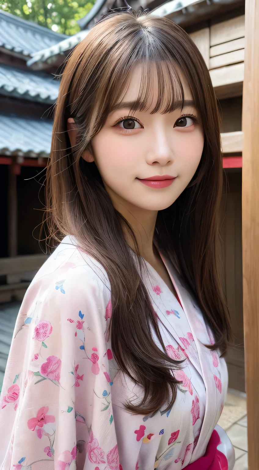 table top, highest quality, shape, Super detailed, finely, High resolution, 16k, perfect dynamic composition, straight hair, medium hair, brown hair,natural color lip, smile, 20歳のgirl、cute、beautiful、完璧でbeautiful顔, beautiful and detailed face, slim face and body, Elegant face, KPOP idol face、Japanese idol faces、small face、Big eyes, brown eyes, droopy eyes, 緻密でbeautiful目, girl,yukata, temple or shrine, temple or shrine, walk, front face、Upper body