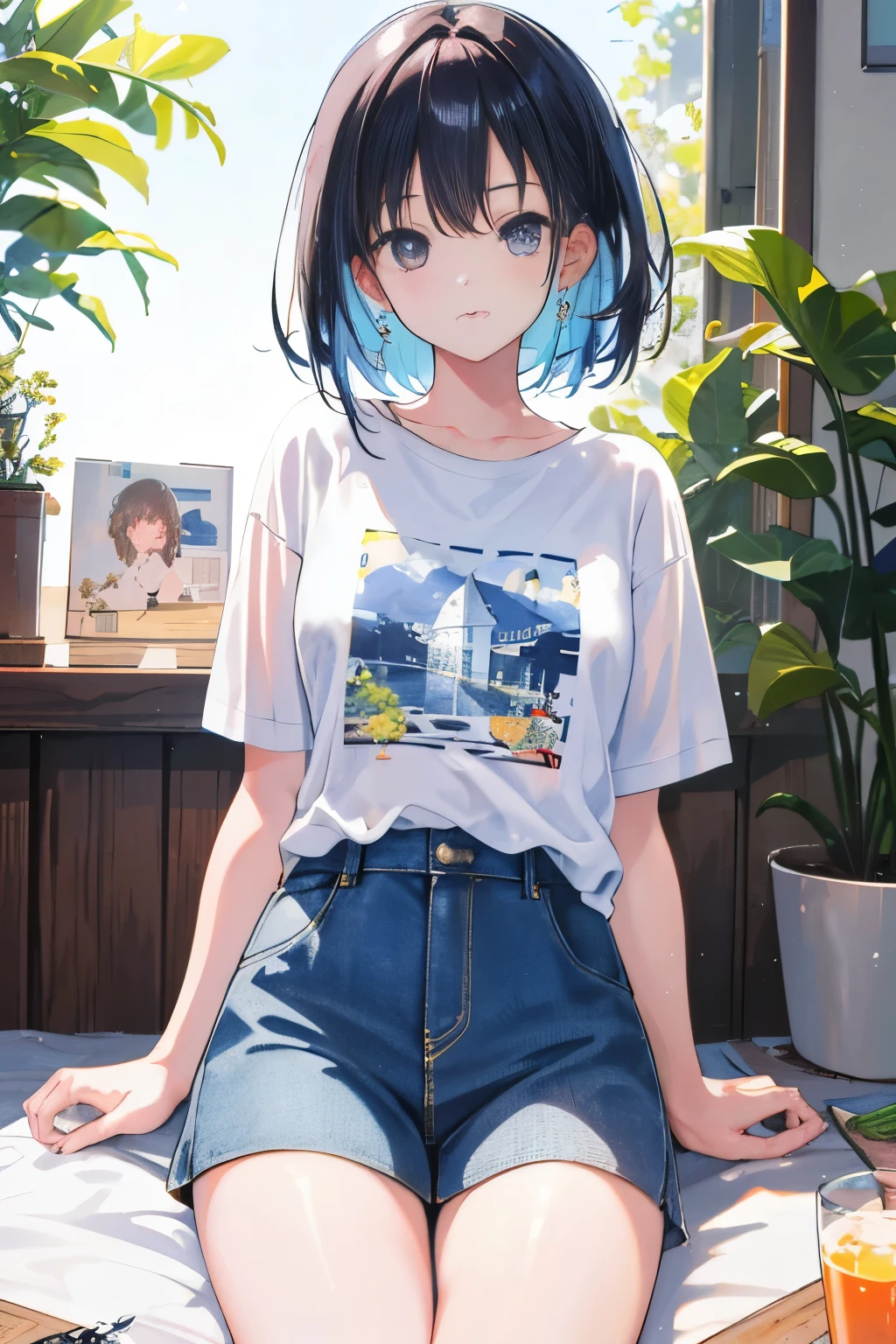 wariza，(child)，（​masterpiece，Highest Quality），short sleeve t shirt，(White mini skirt with gingham check)，A dark-haired，Twin-tailed