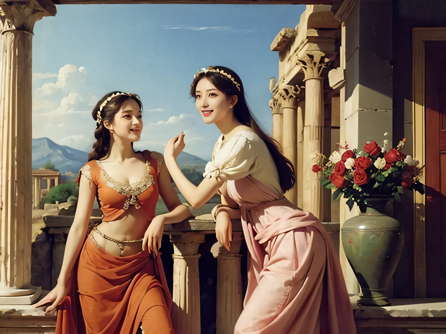 Raffaello Santi painting style,Arguments of two female 、roses in vase、fruits、Cute trinkets、smile、ancient greek costume、Woman standing on ancient Roman ruins ,A big smile