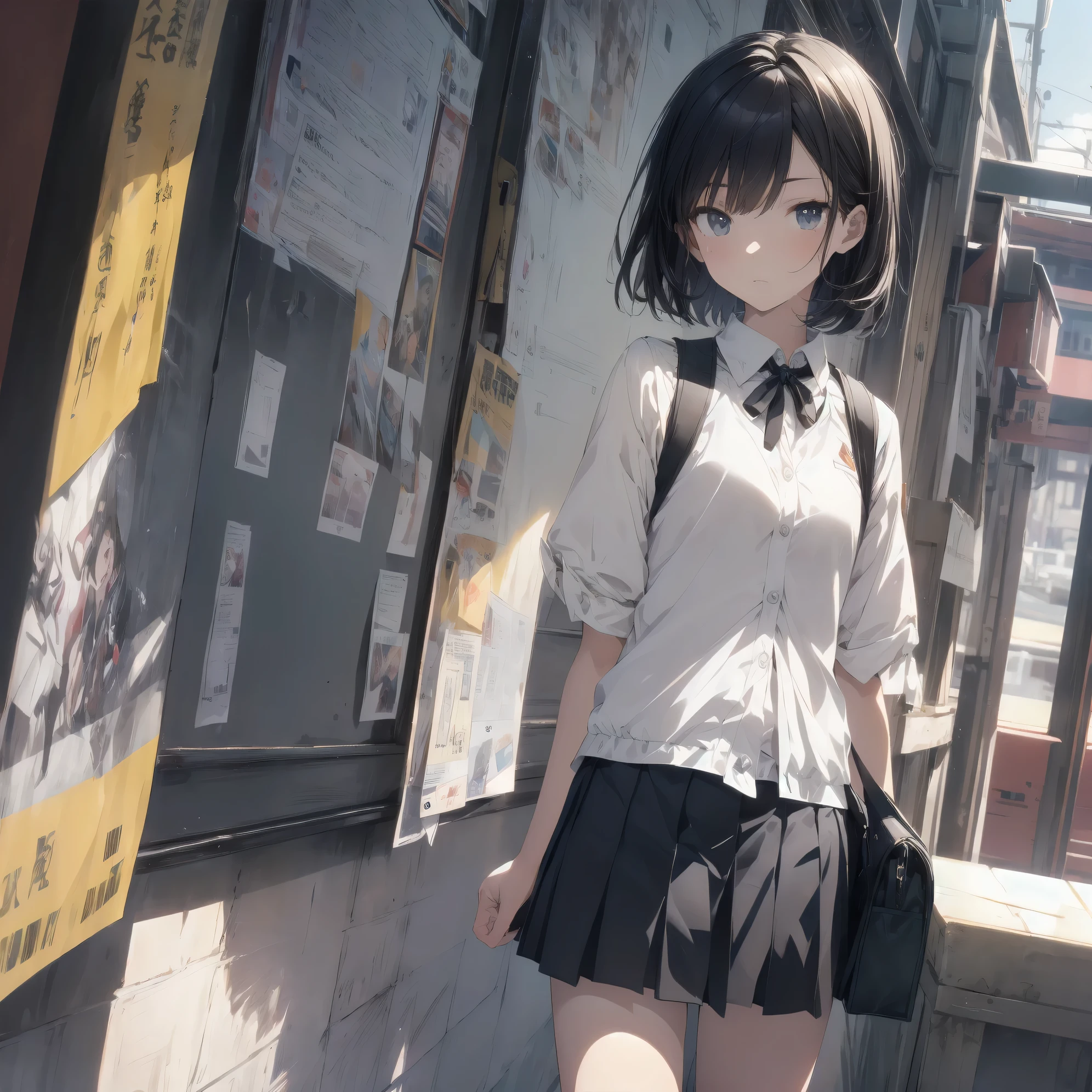 Super absurd quality by the god of art, super detailed, High resolution, anime moe art style, Best Anime 8K Kona-chan Wallpaper, pixiv contest winner, perfect anatomy, break,(眠そうにalone学校へ行く女の子を描いてください. )break,1 girl, (alone,little woman, 13 years old:1.3),All limbs, full finger,, The charm of an immature body, (very_short hair), bangs, small ass, between legs, small eyes, small black eyes, detailed and beautiful eyes, Well-proportioned iris and pupils, expressive eyes, High resolutionの詳細な髪, neck ribbon, skirt, collared shirt, pleated skirt, school uniform, school bag,(detailed lighting), (detailed background),  On the way to school. break,super dense skin, Best cinematic lighting powered by famous artist, 8k,beautiful illustrations,photoshop_(Moderate),Absurd Hi-Res,Hmm,rough skin,break,((artist:dark black,)) artist:Rinzo, artist:mitsumi misato,artist:akinashi yuu 