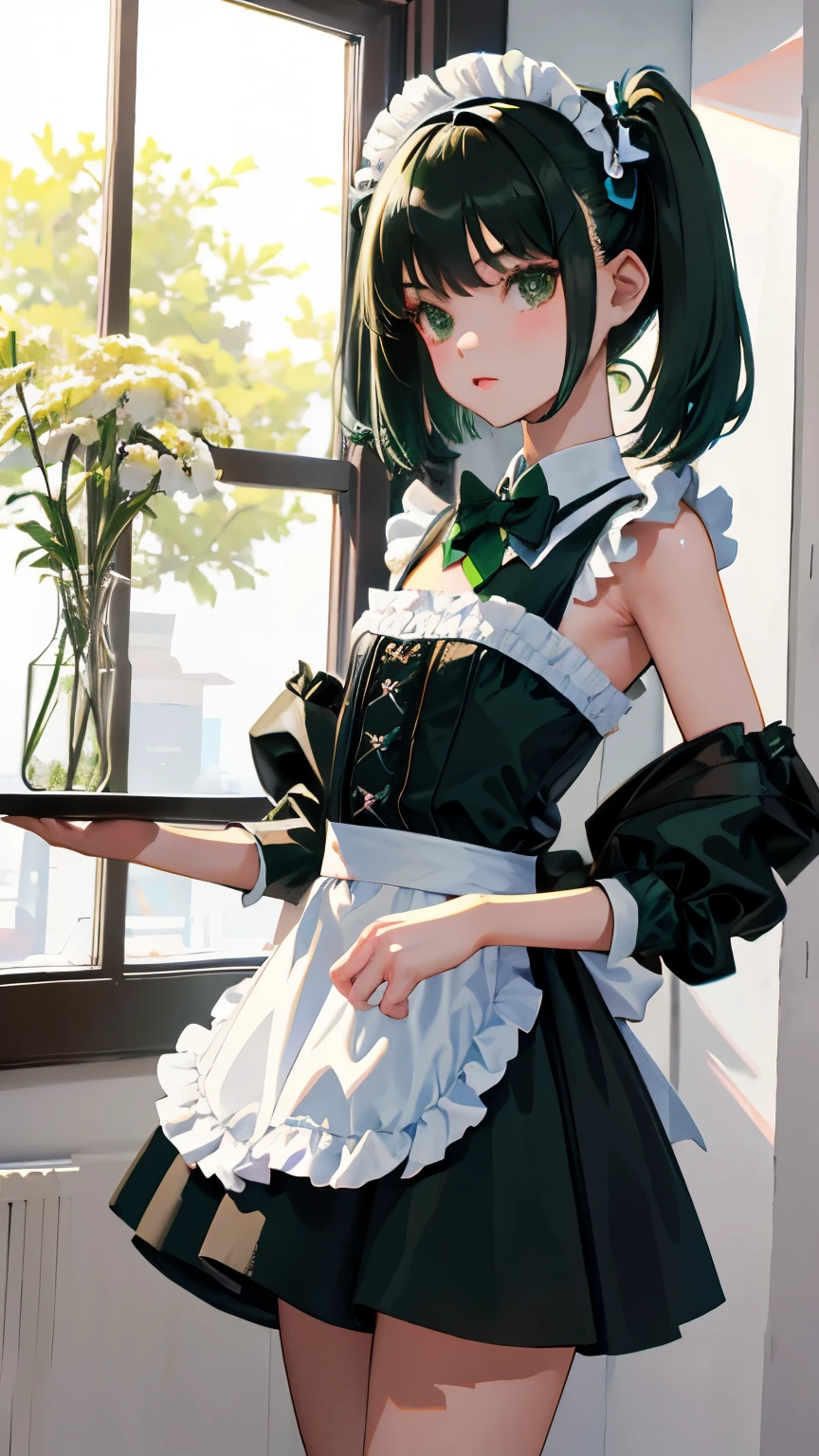 (short cute girl, young studeg delicate girl),(masterpiece,Top quality),green maid outfit,black hair twintails